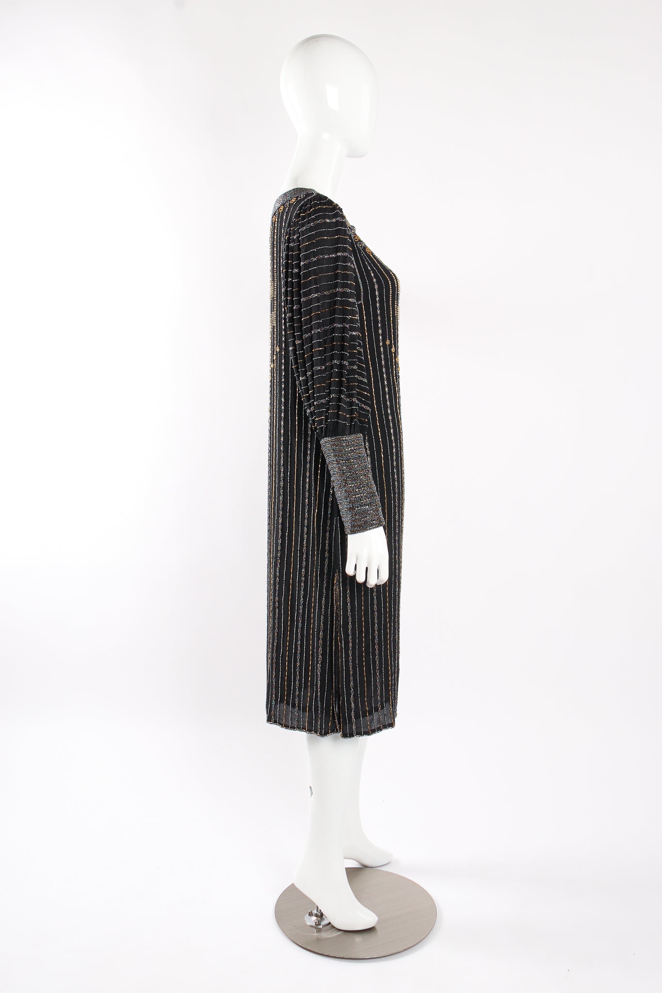 Vintage Sistermax Beaded Striped Silk Shift Dress on mannequin at Recess Los Angeles (side crop)