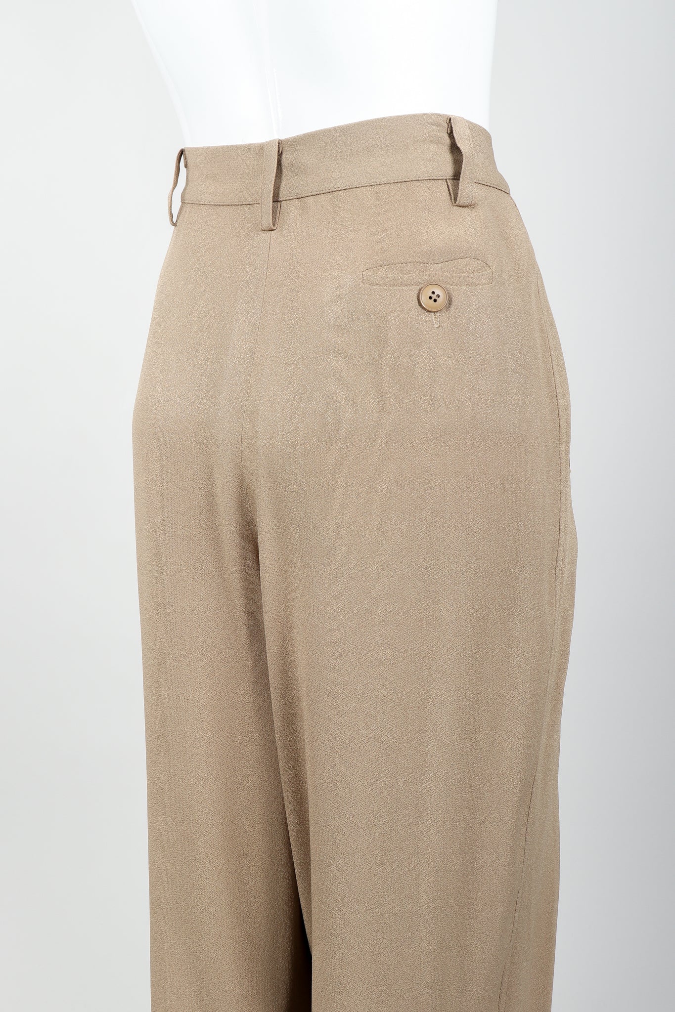 Vintage Sonia Rykiel Taupe Pleated Crepe Pant on Mannequin rear detail at Recess