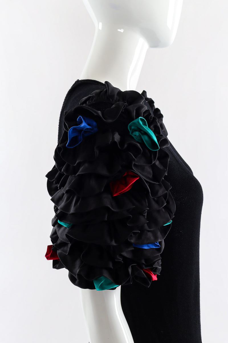 Black sweater knit dress with satin confetti ruffle sleeves by St. John sleeve close @recessla