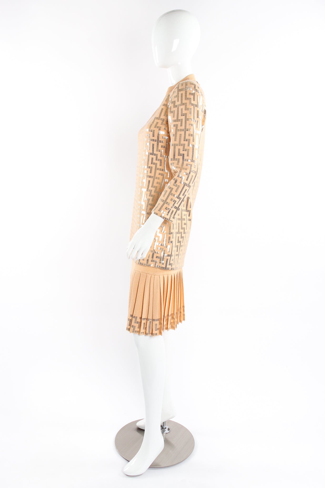 Vintage St. John Metallic Patterned Knit Tunic & Skirt Set on mannequin at Recess Los Angeles (side)