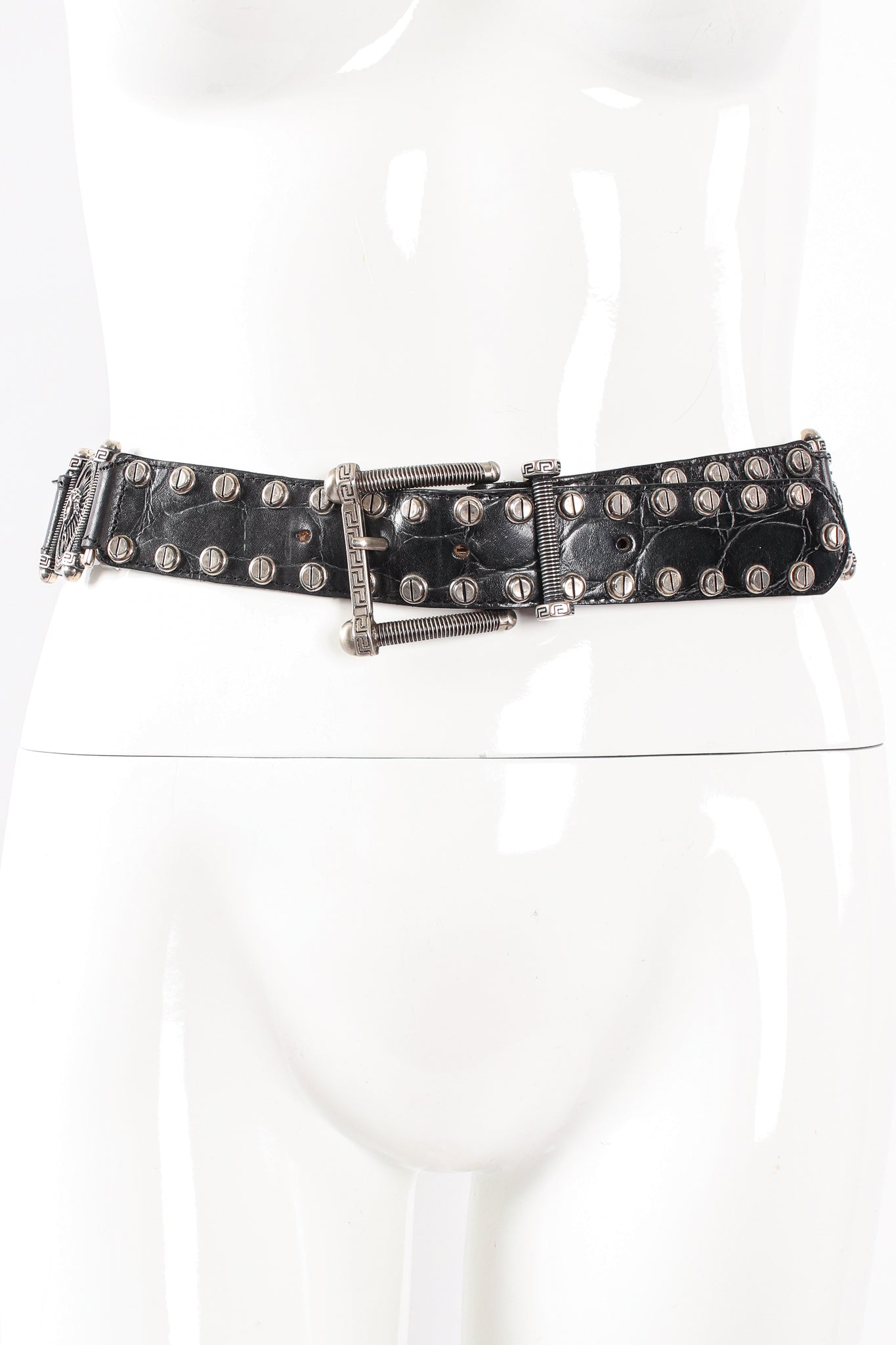 Vintage Streets Ahead  Medusa Leather Screw Stud Belt on mannequin at Recess Los Angeles