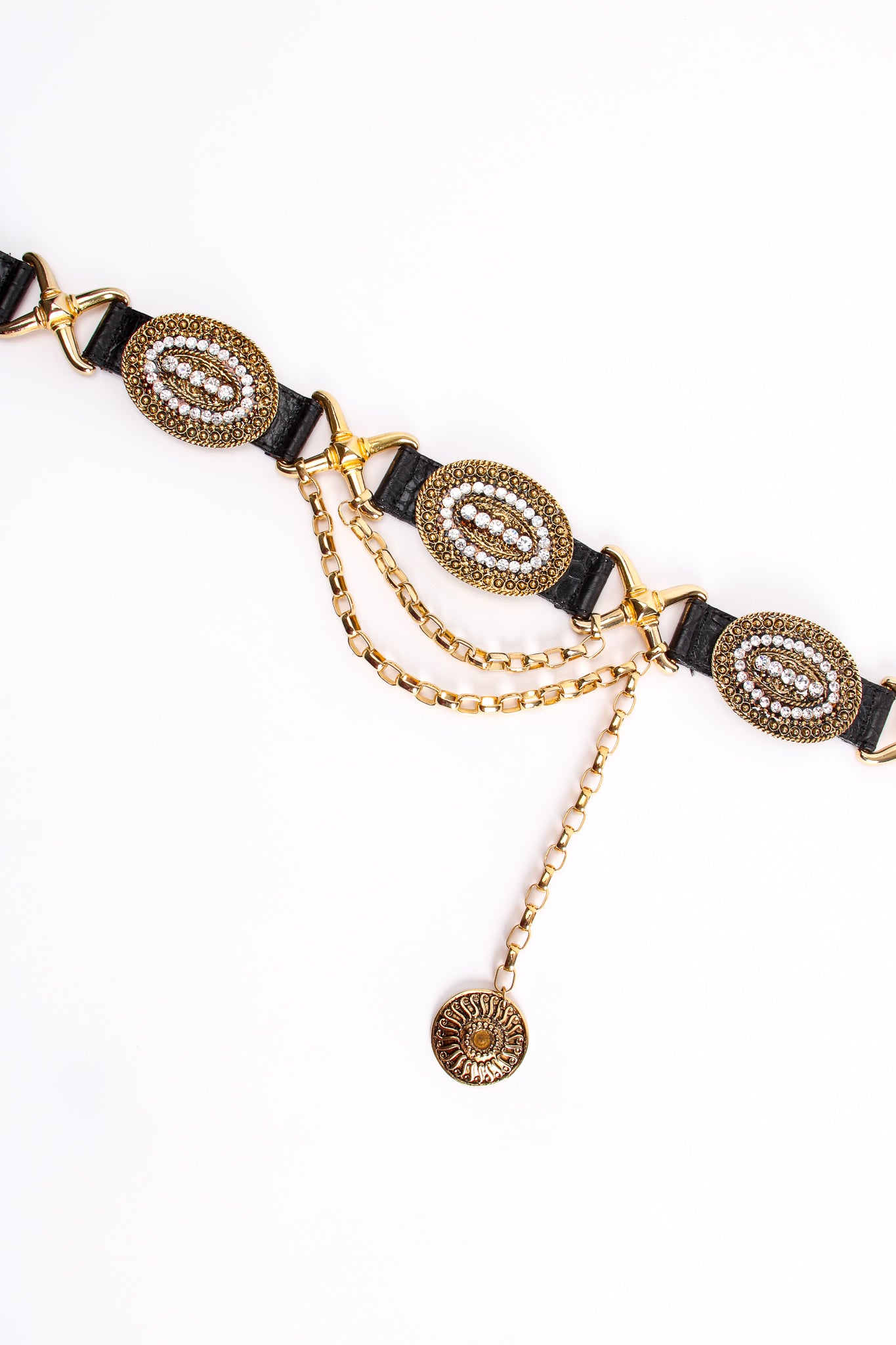 Vintage Streets Ahead Rhinestone Medallion Draped Chain Leather Belt detail at Recess Los Angeles