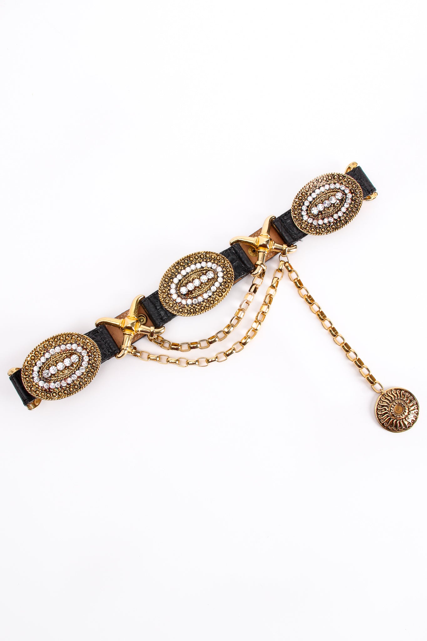 Vintage Streets Ahead Rhinestone Medallion Draped Chain Leather Belt at Recess Los Angeles