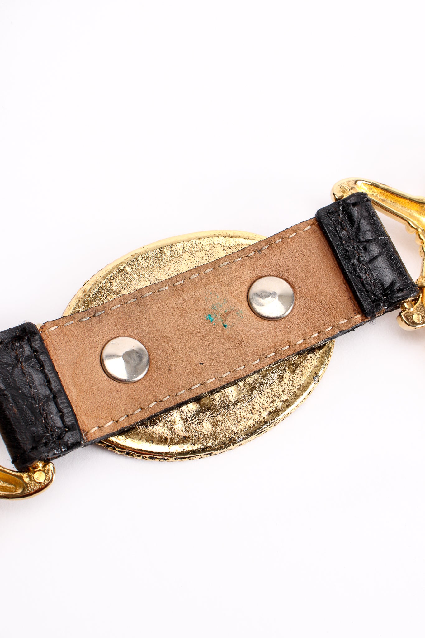 Vintage Streets Ahead Rhinestone Medallion Draped Chain Leather Belt discolor at Recess LA