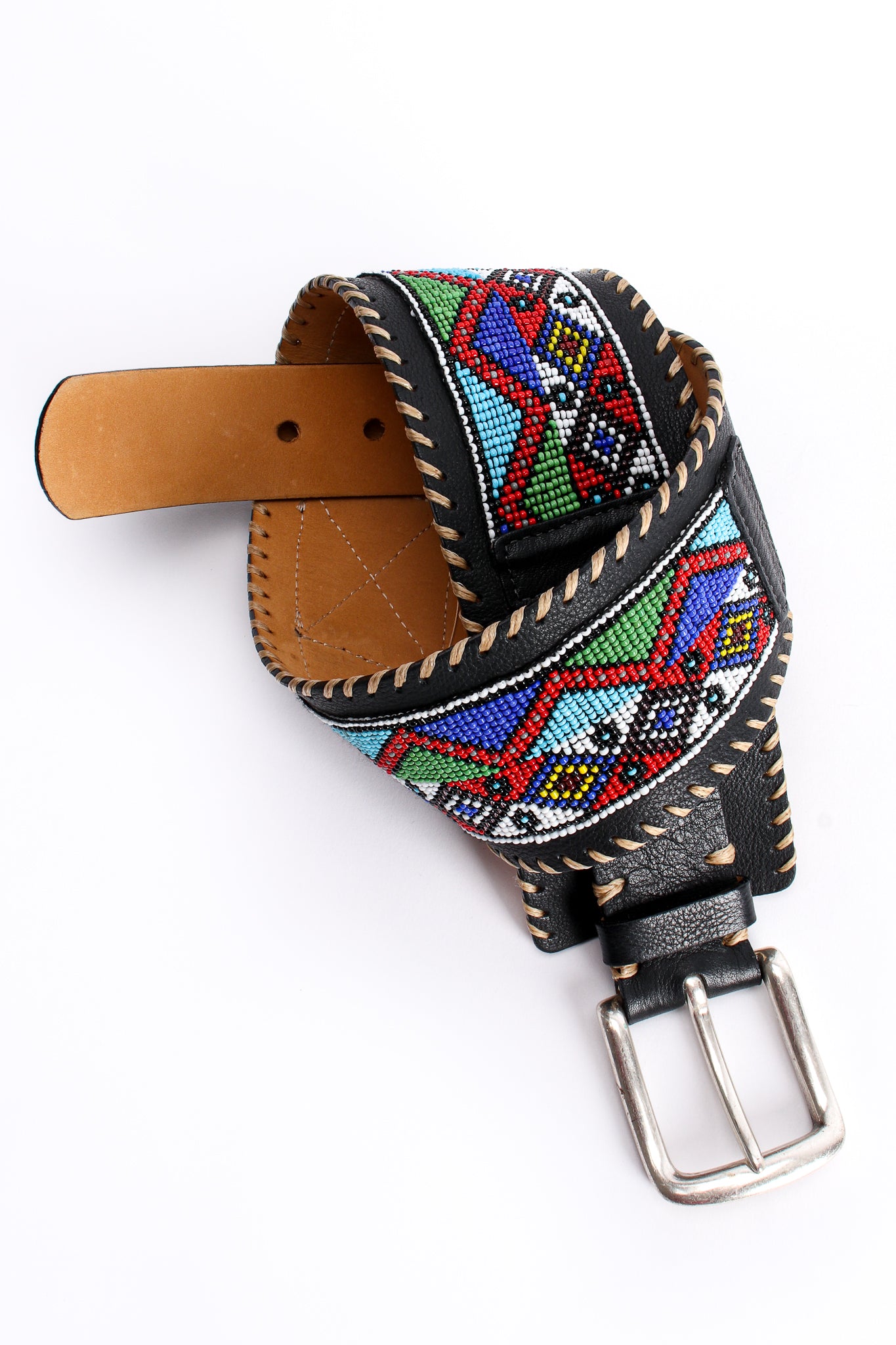 Vintage Streets Ahead Folk Beaded Leather Belt at Recess Los Angeles