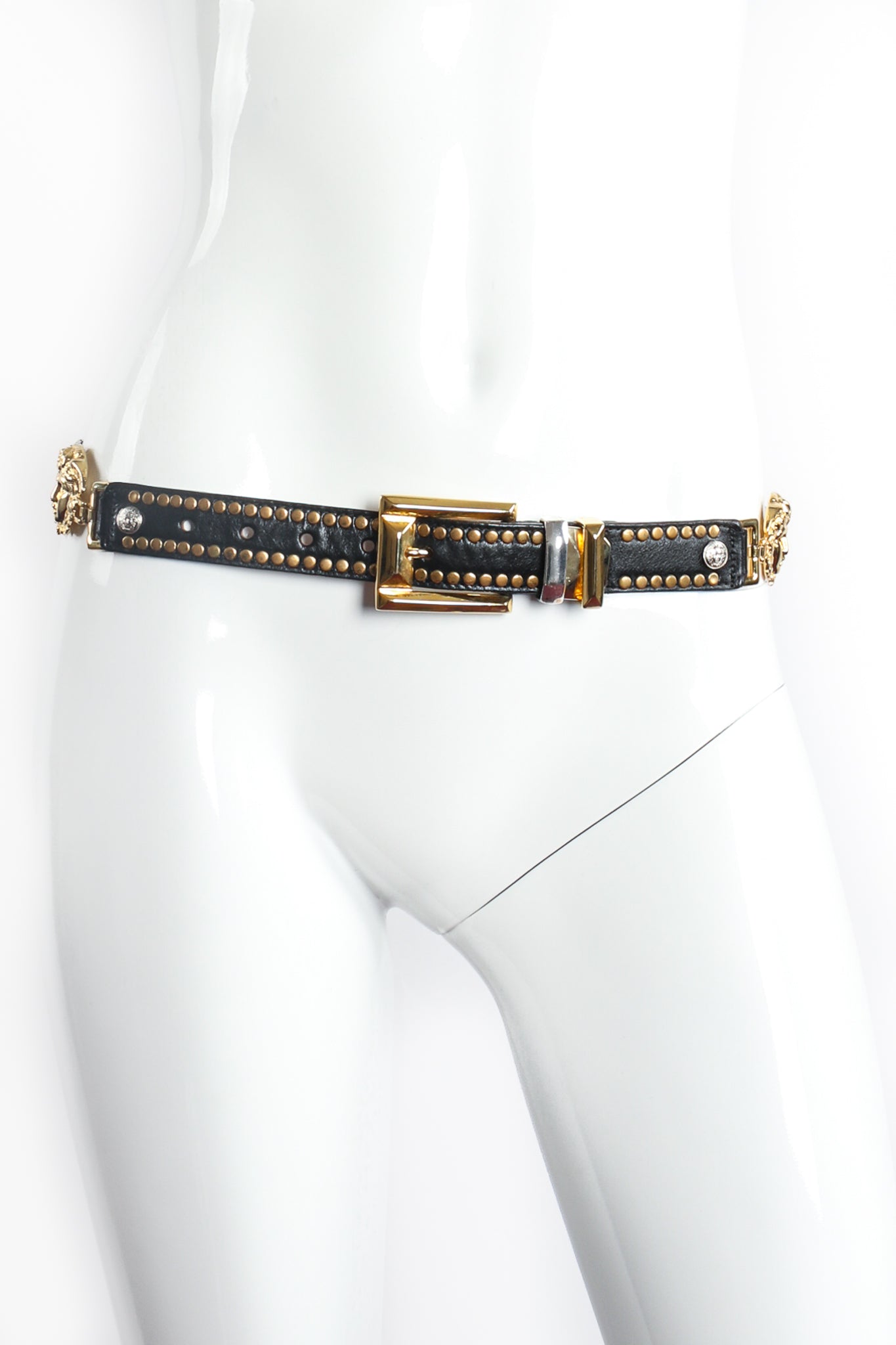 Vintage Streets Ahead Medusa Medallion Leather Belt on Mannequin Front at Recess LA