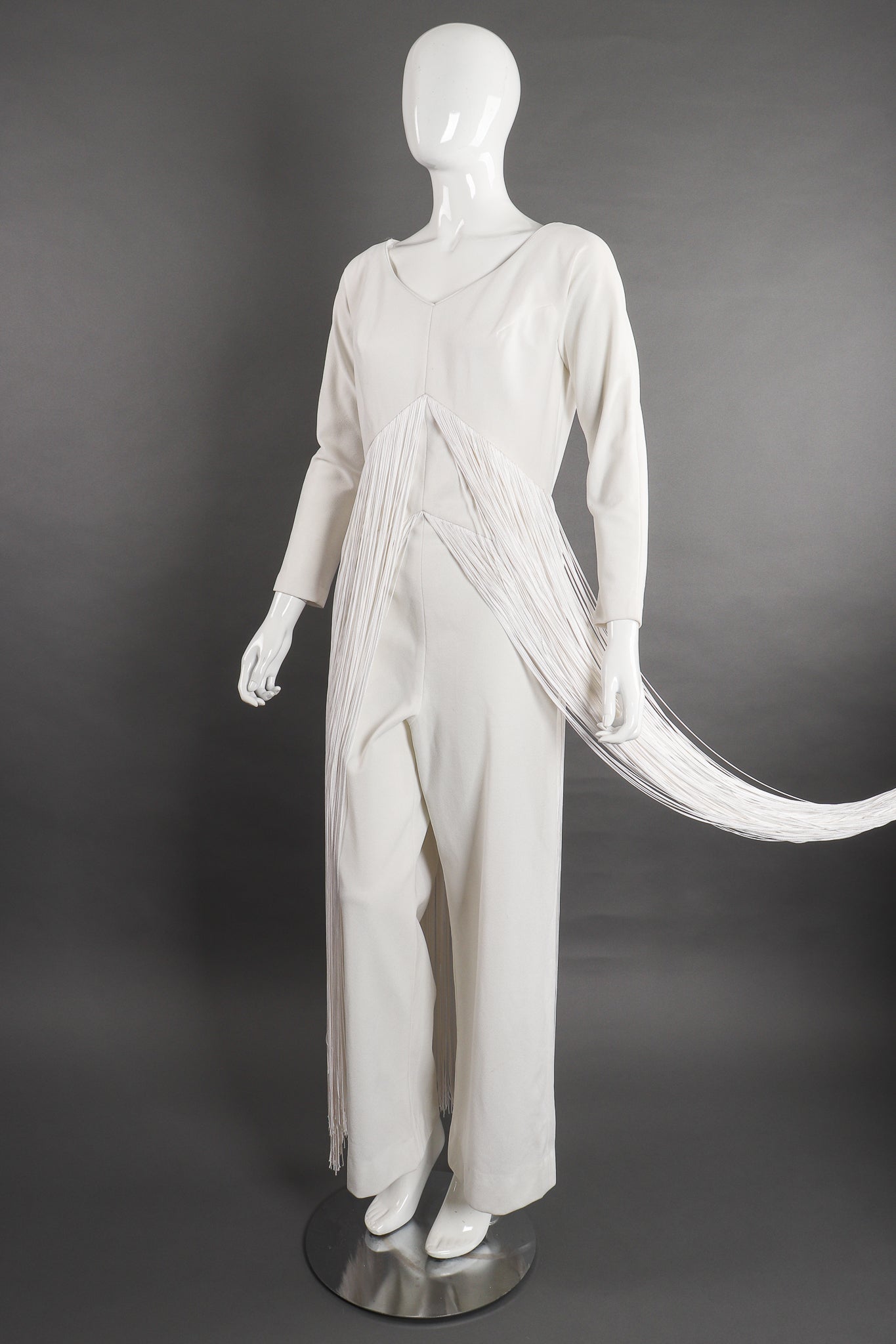 Vintage Sydney North Long Fringe Wedding Bridal Jumpsuit On Mannequin angle at Recess Los Angeles