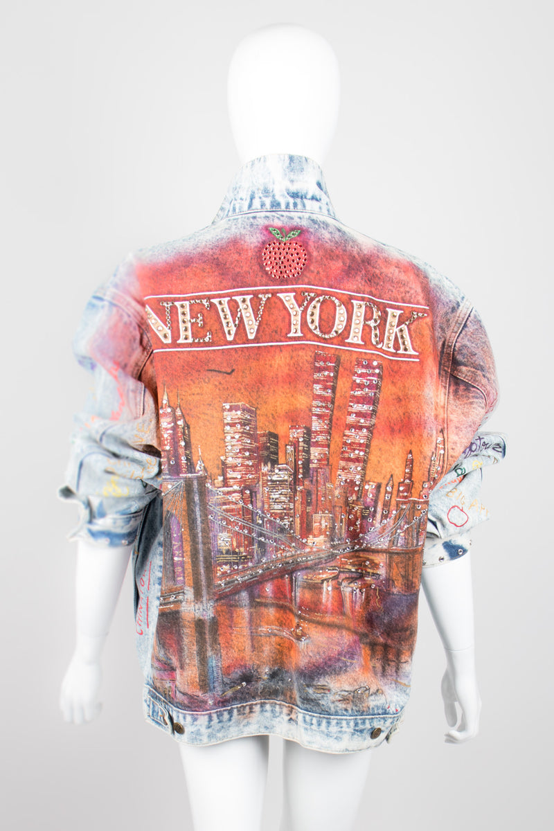 Tony Alamo 1987 New York Twin Towers Skyline Sunset Embellished Denim Jacket