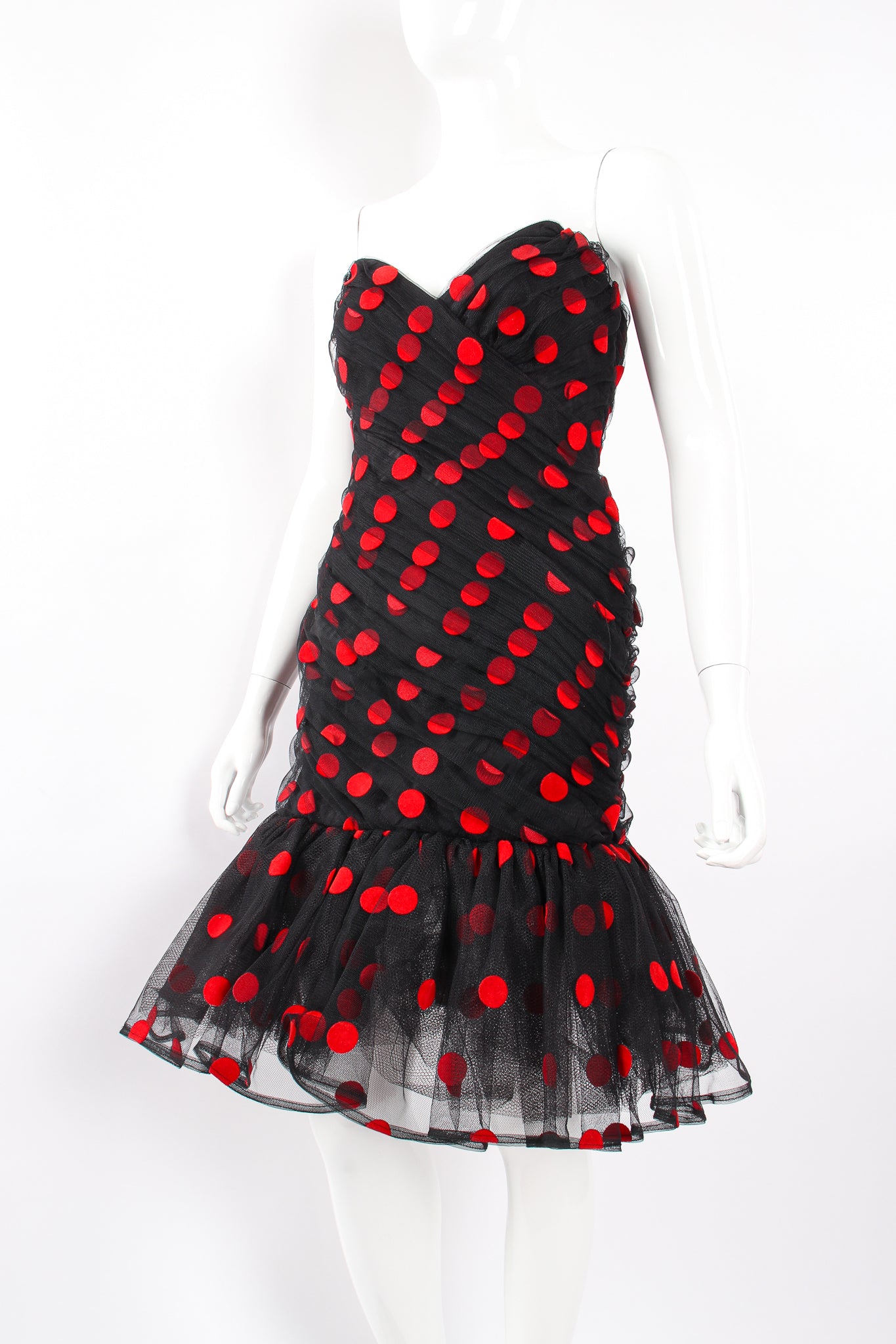 Vintage Tadashi Strapless Velvet Dot Mesh Dress on mannequin crop at Recess Los Angeles