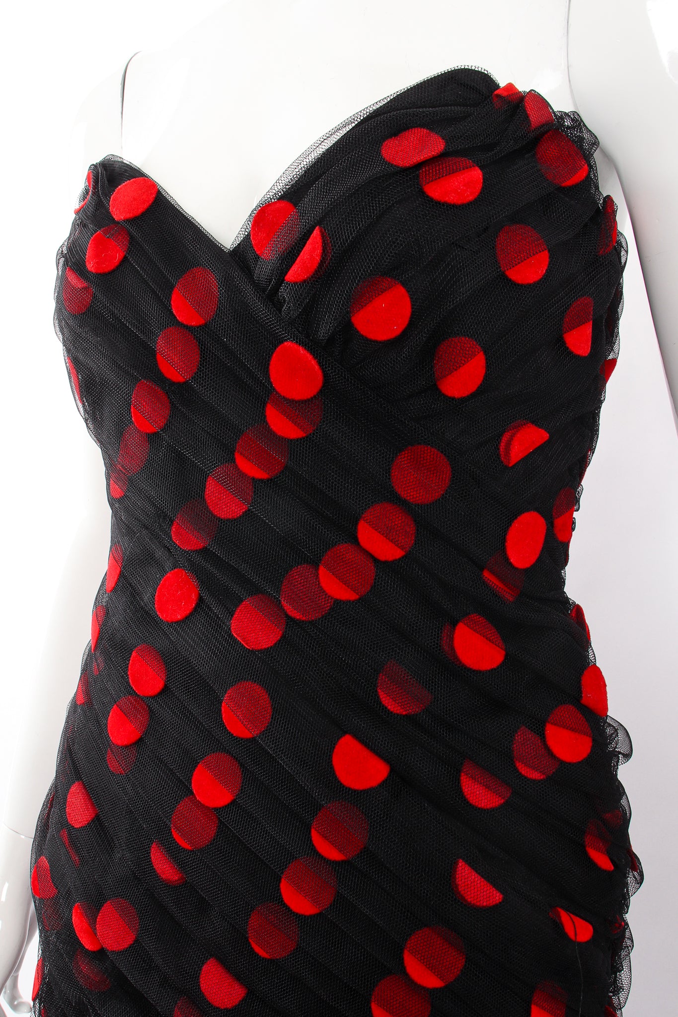 Vintage Tadashi Strapless Velvet Dot Mesh Dress on mannequin bust at Recess Los Angeles