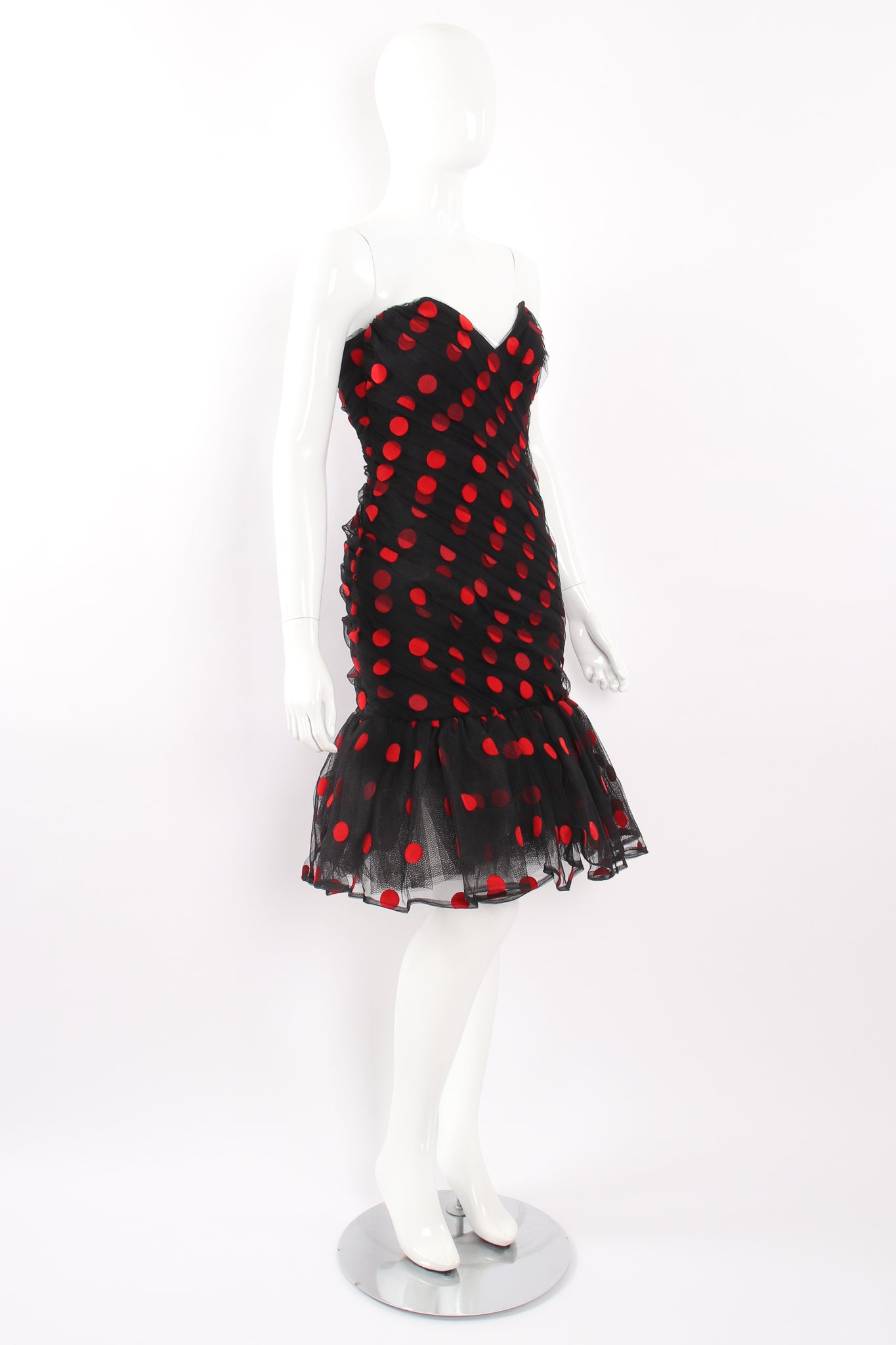 Vintage Tadashi Strapless Velvet Dot Mesh Dress on mannequin angle at Recess Los Angeles