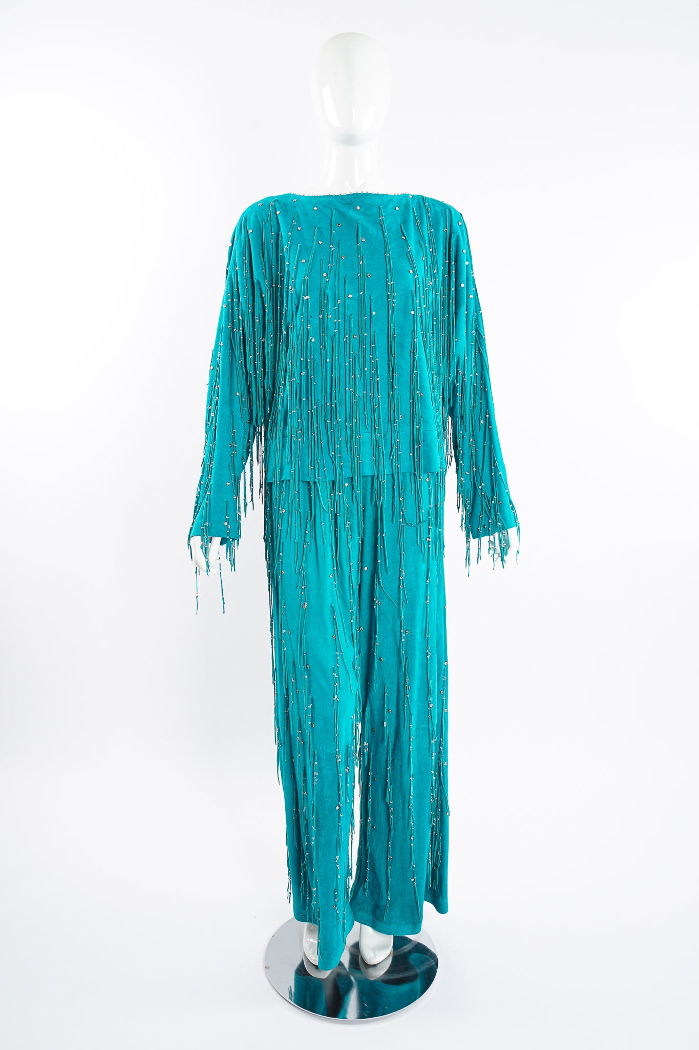 Vintage Jan Faulkner Teal Suede Fringe Top & Pant Set on Mannequin front at Recess Los Angeles