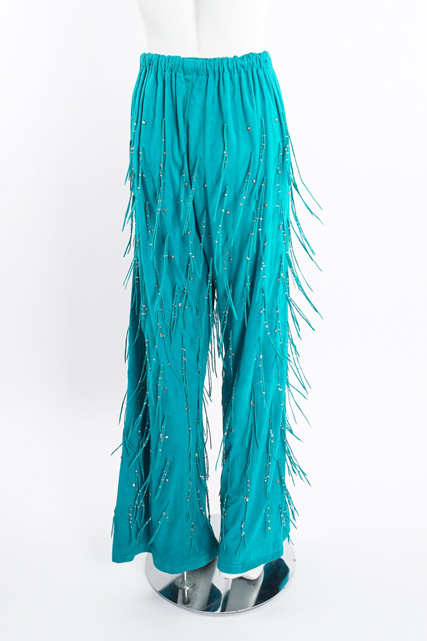 Vintage Jan Faulkner Teal Suede Fringe Top & Pant Set on Mannequin pant shimmy at Recess LA