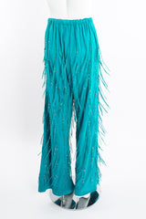 Vintage Jan Faulkner Teal Suede Fringe Top & Pant Set on Mannequin pant shimmy at Recess LA