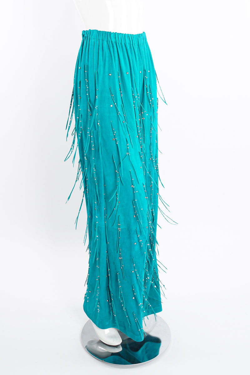 Vintage Jan Faulkner Teal Suede Fringe Pant Set on Mannequin shimmy at Recess Los Angeles