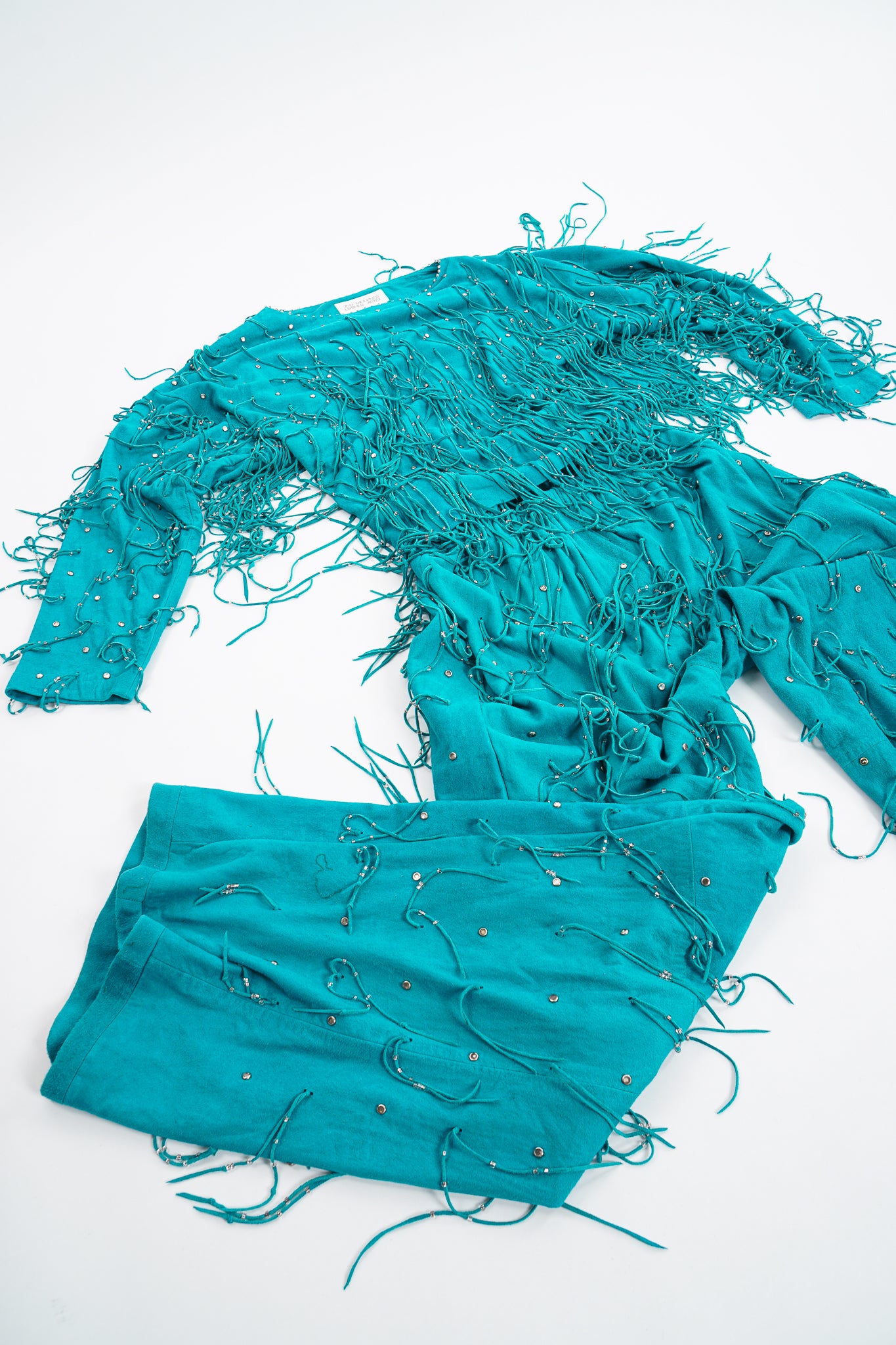 Vintage Jan Faulkner Teal Suede Fringe Top & Pant Set flat at Recess Los Angeles