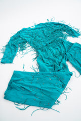 Vintage Jan Faulkner Teal Suede Fringe Top & Pant Set flat at Recess Los Angeles