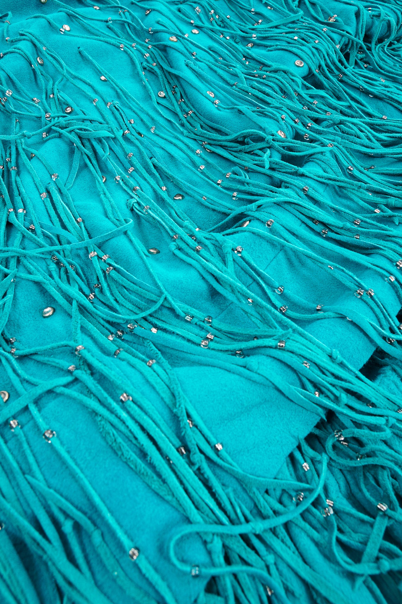 Vintage Jan Faulkner Teal Suede Fringe Top & Pant Set fabric detail at Recess Los Angeles