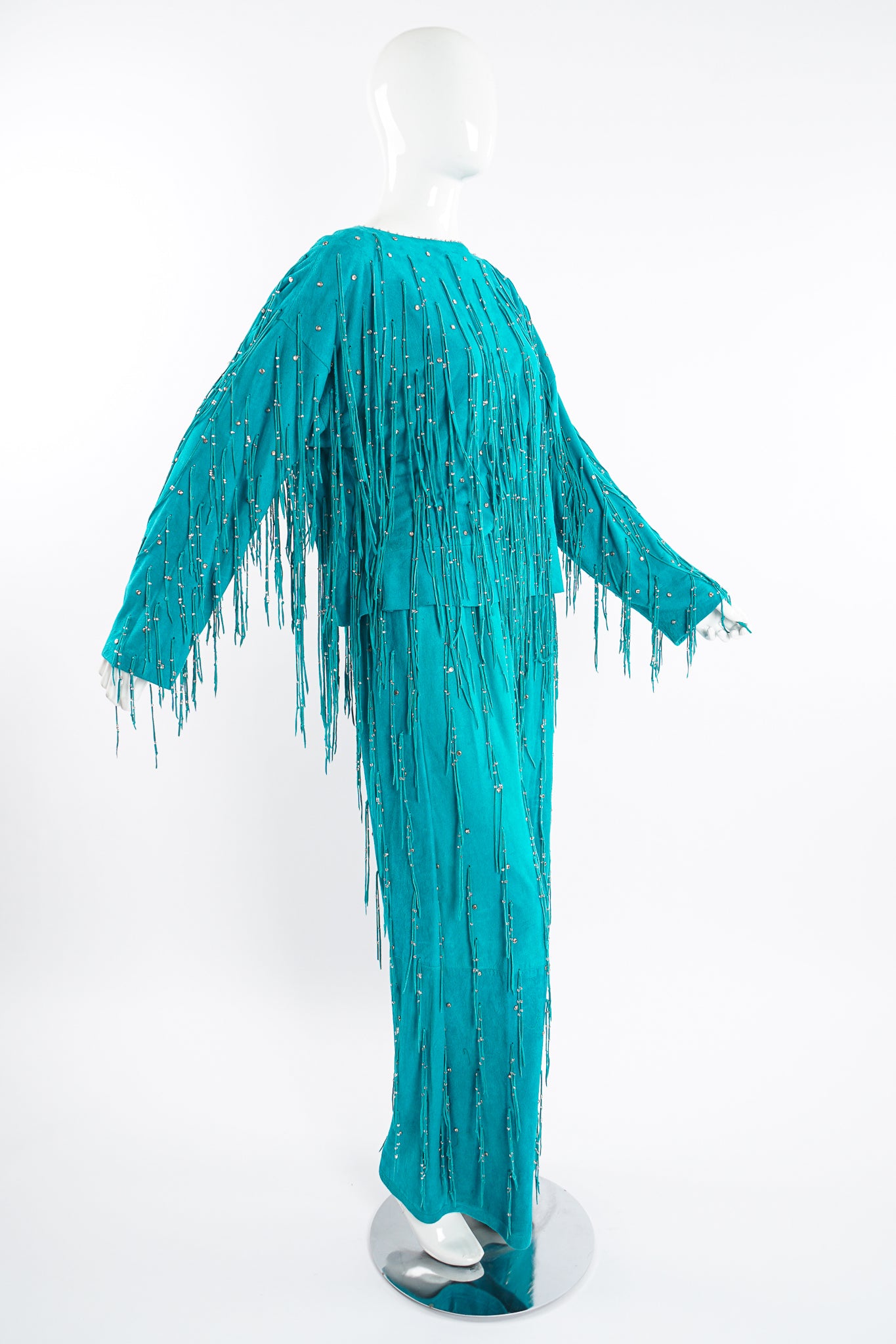 Vintage Jan Faulkner Teal Suede Fringe Top & Pant Set on Mannequin ange at Recess Los Angeles