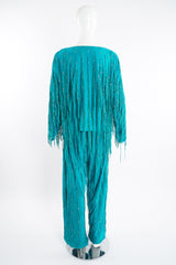 Vintage Jan Faulkner Teal Suede Fringe Top & Pant Set on Mannequin back at Recess Los Angeles