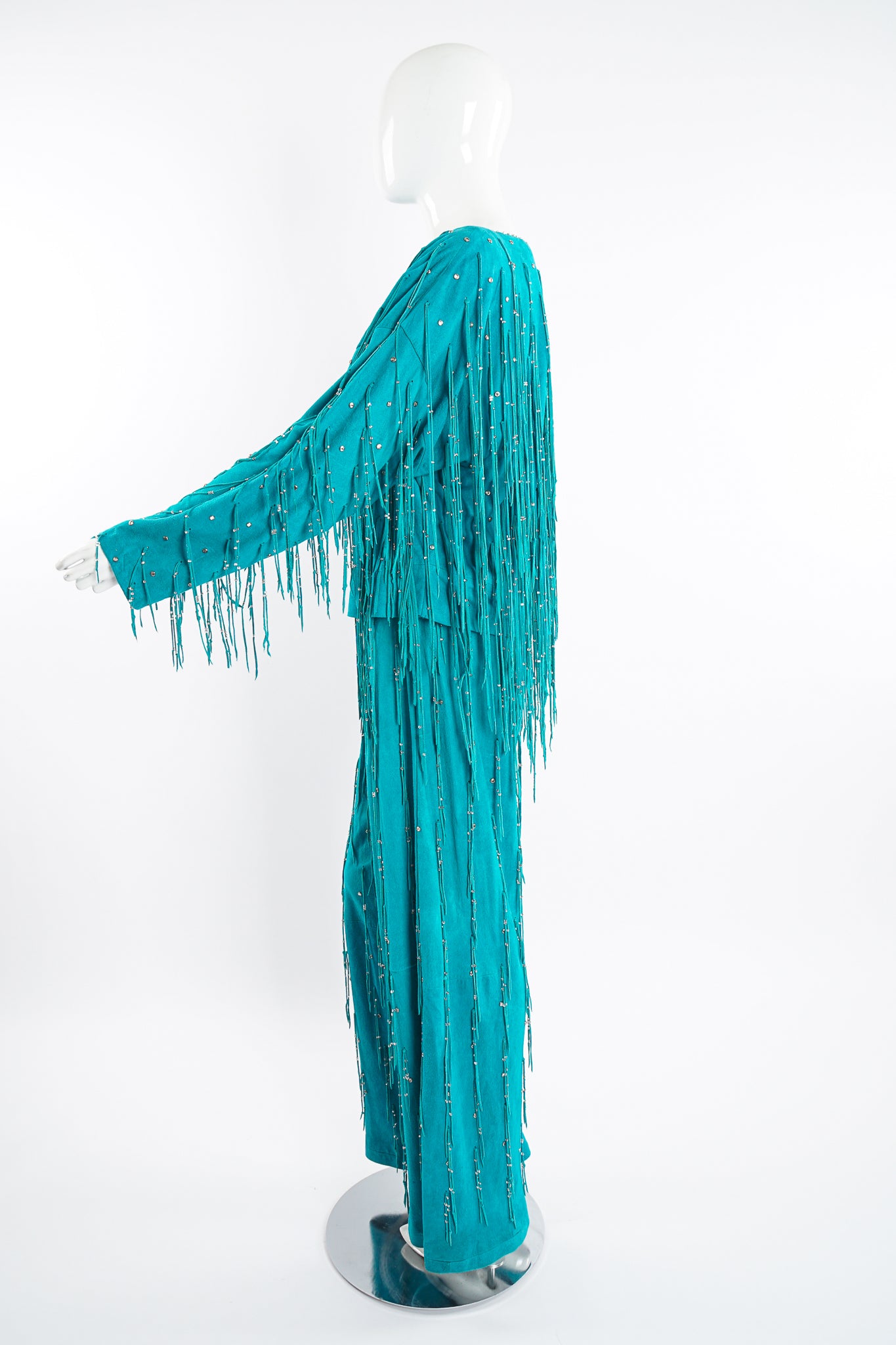 Vintage Jan Faulkner Teal Suede Fringe Top & Pant Set on Mannequin side at Recess Los Angeles