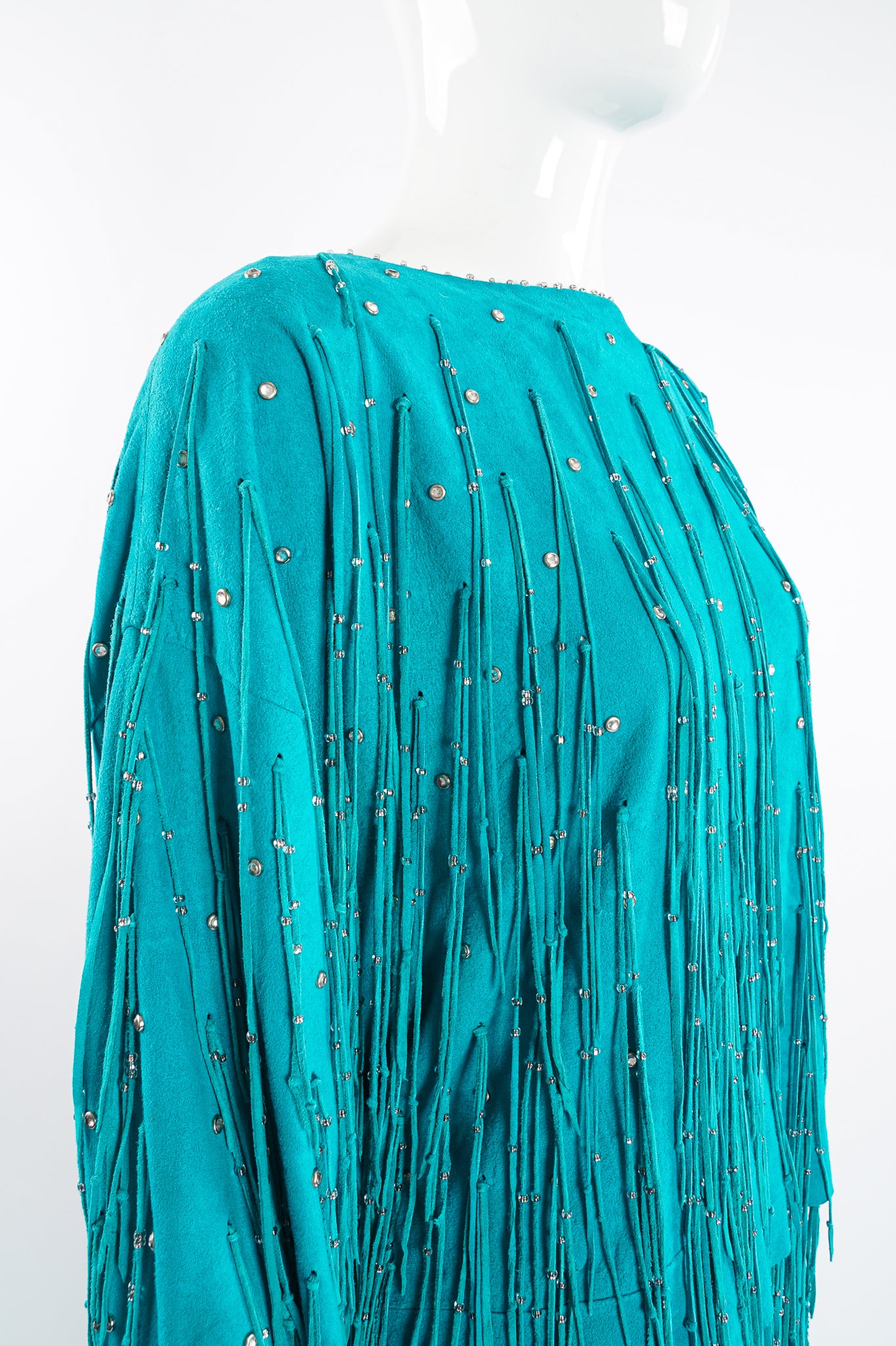 Vintage Jan Faulkner Teal Suede Fringe Top Set on Mannequin crop at Recess Los Angeles