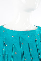 Vintage Jan Faulkner Teal Suede Fringe Top Set on Mannequin neck detail  at Recess Los Angeles