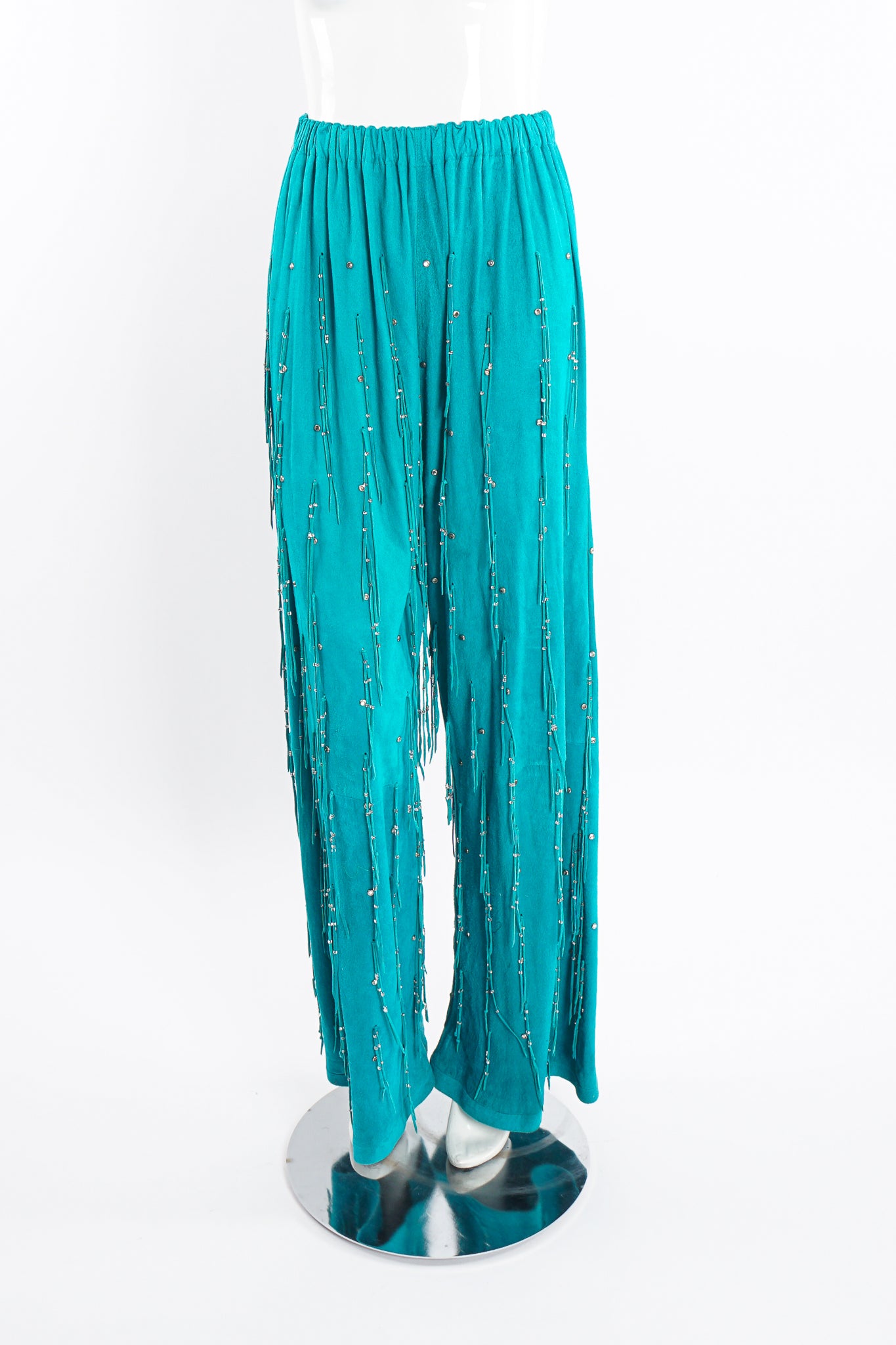 Vintage Jan Faulkner Teal Suede Fringe Pant Set on Mannequin front at Recess Los Angeles