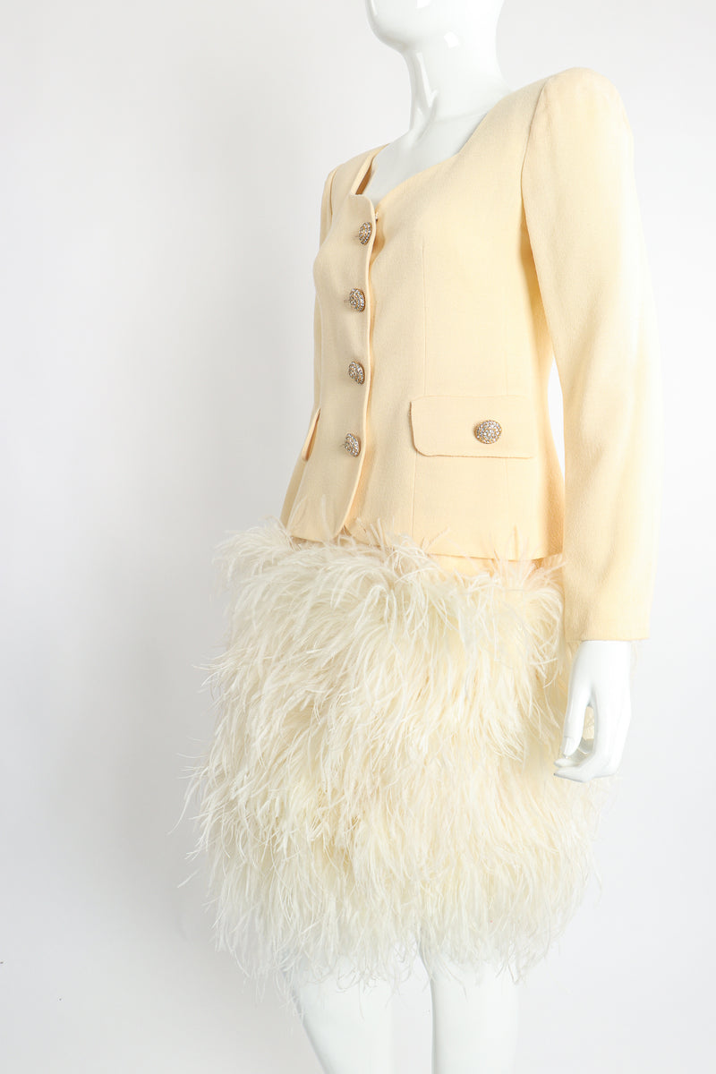 Vintage Teri Jon Wedding bridal Ostrich Pouf Jacket & Skirt Set on Mannequin Front Crop @ Recess LA