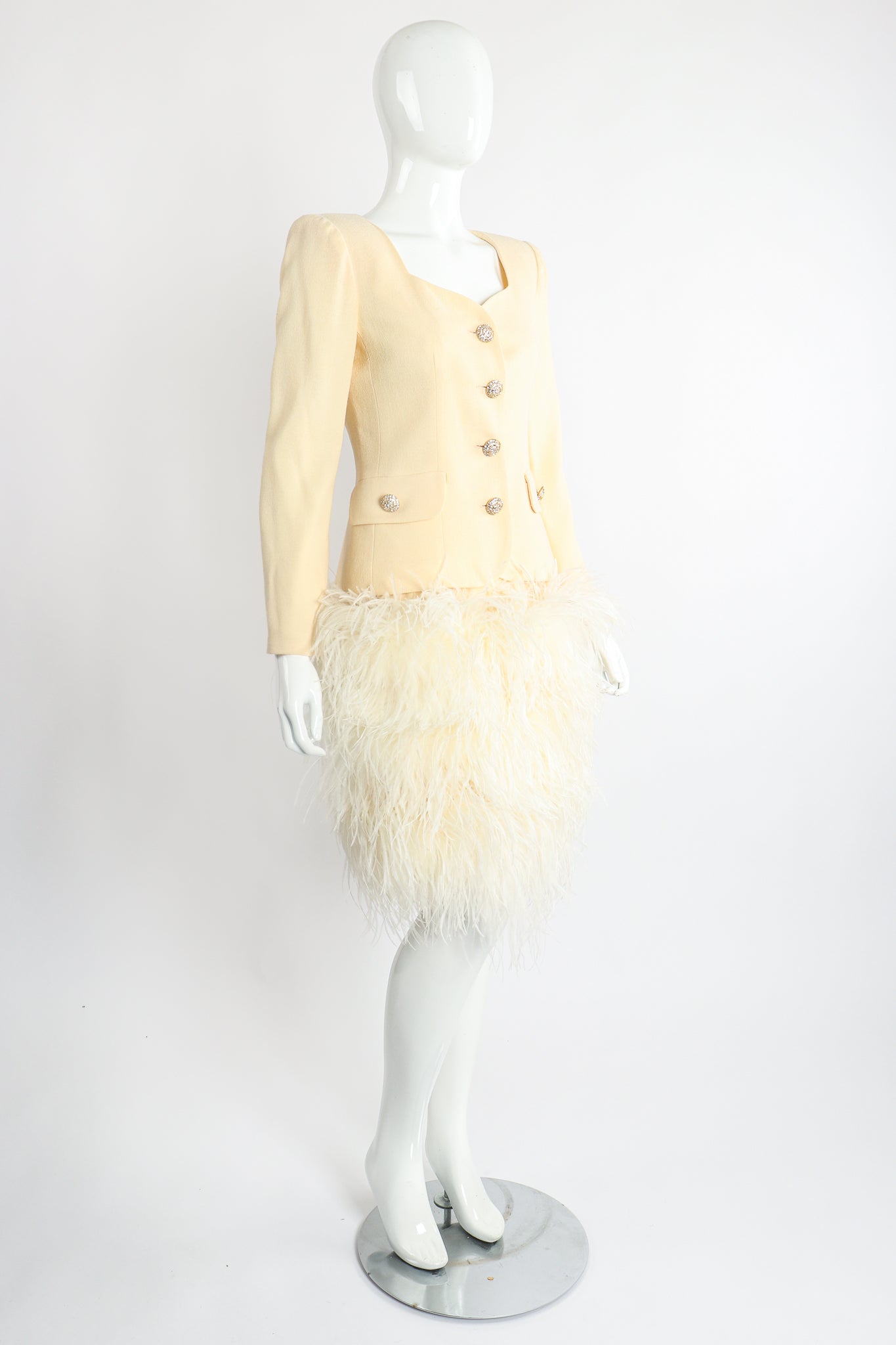 Vintage Teri Jon Wedding bridal Ostrich Pouf Jacket & Skirt Set on Mannequin Angle @ Recess LA