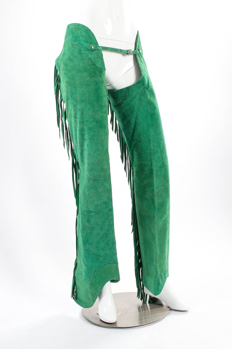 Vintage The Showman Suede Fringe Chaps on mannequin angle @ Recess LA