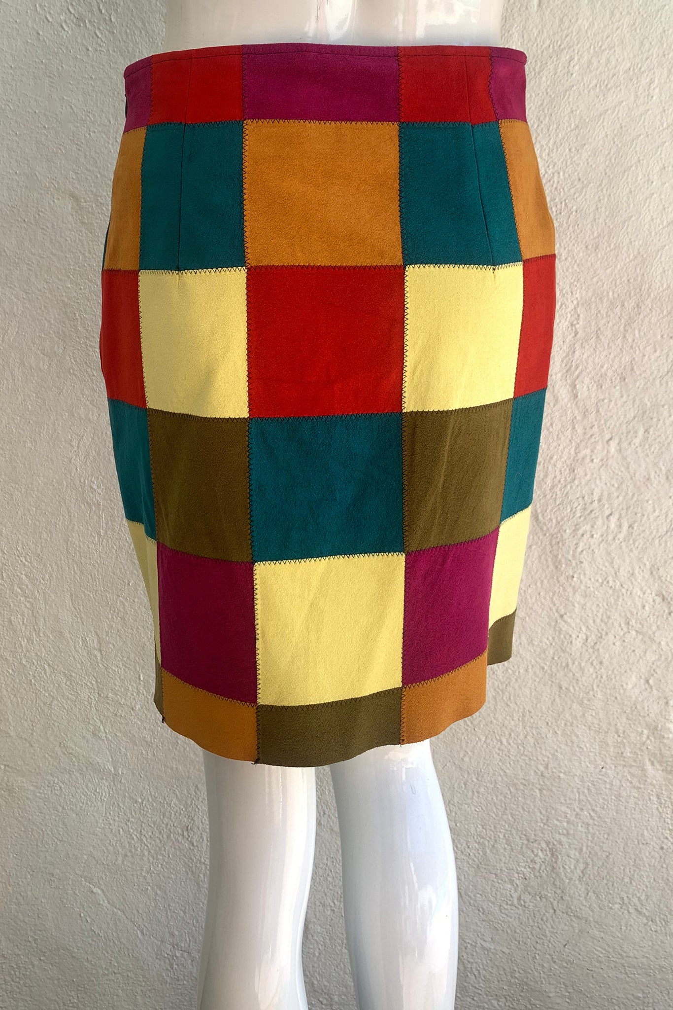 Vintage Todd Oldham Ultrasuede Patchwork Skirt Set on Mannequin back at Recess