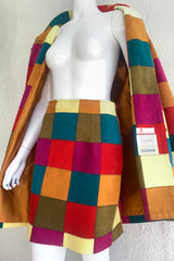 Vintage Todd Oldham Fall 1991 Ultrasuede Patchwork Jacket & Skirt Set on Mannequin open at Recess