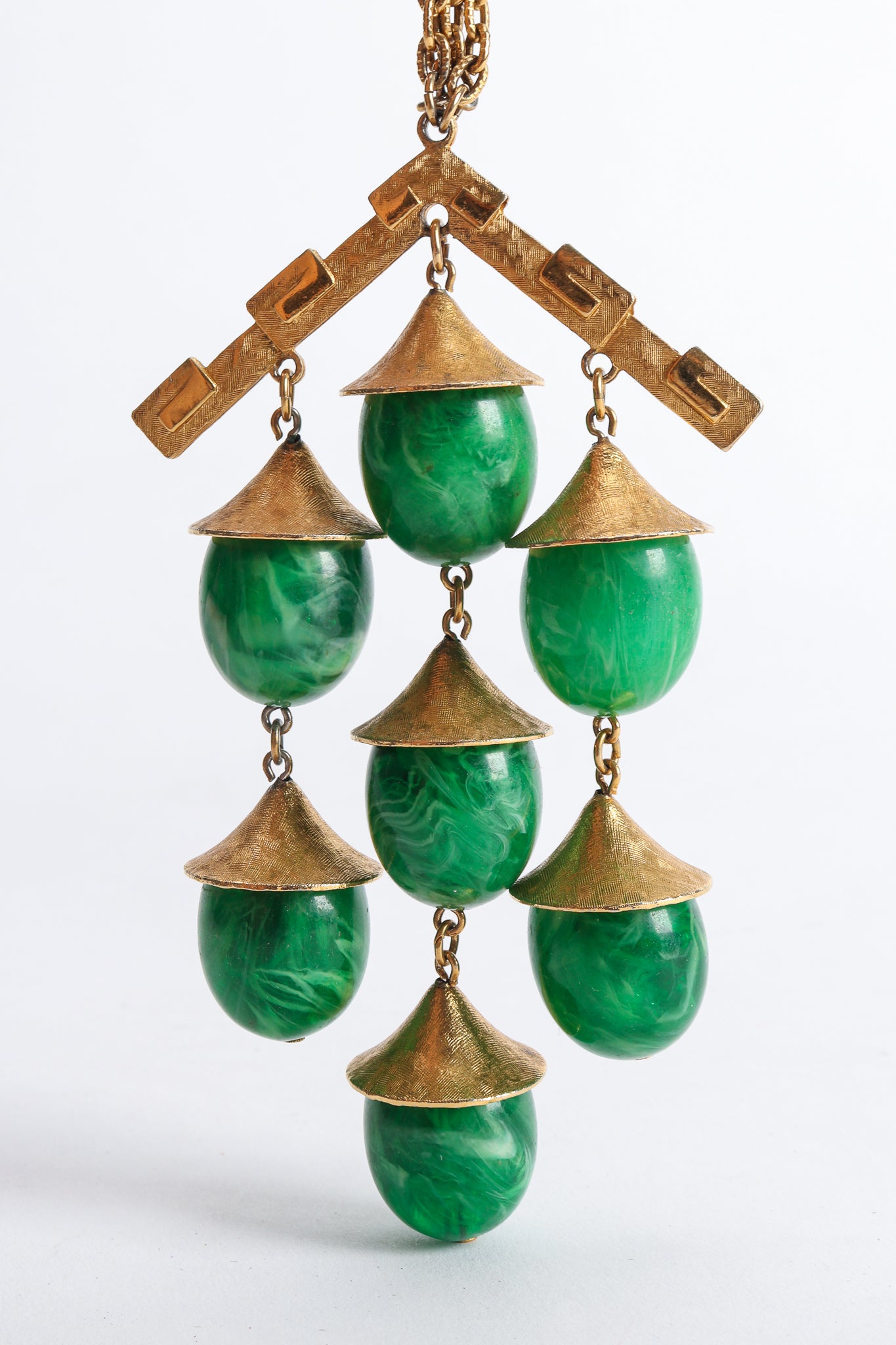 Vintage Trifari Faux Malachite Pagoda Bell Pendant Necklace at Recess Los Angeles