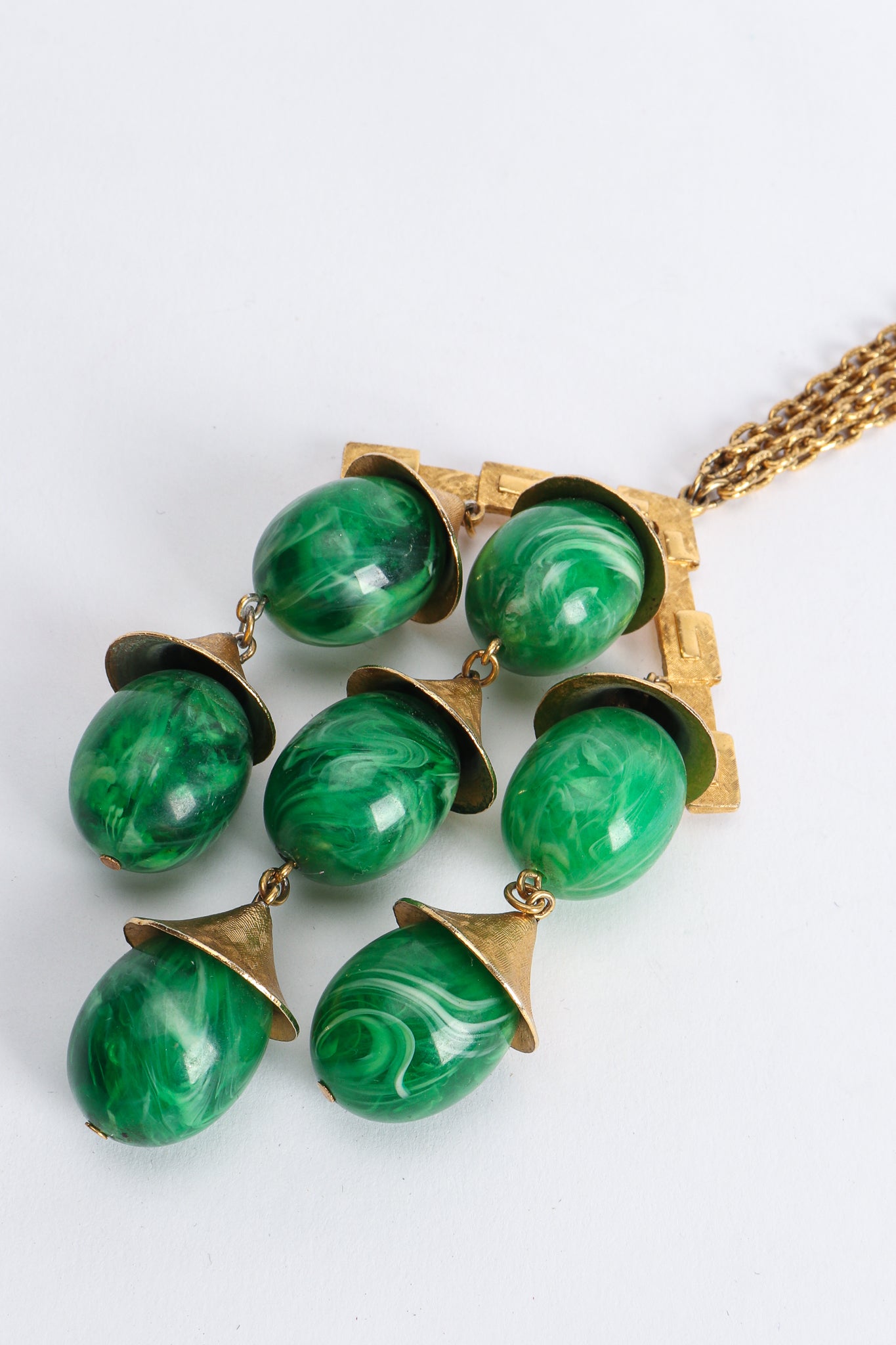 Vintage Trifari Faux Malachite Pagoda Bell Pendant Necklace Close Up at Recess Los Angeles