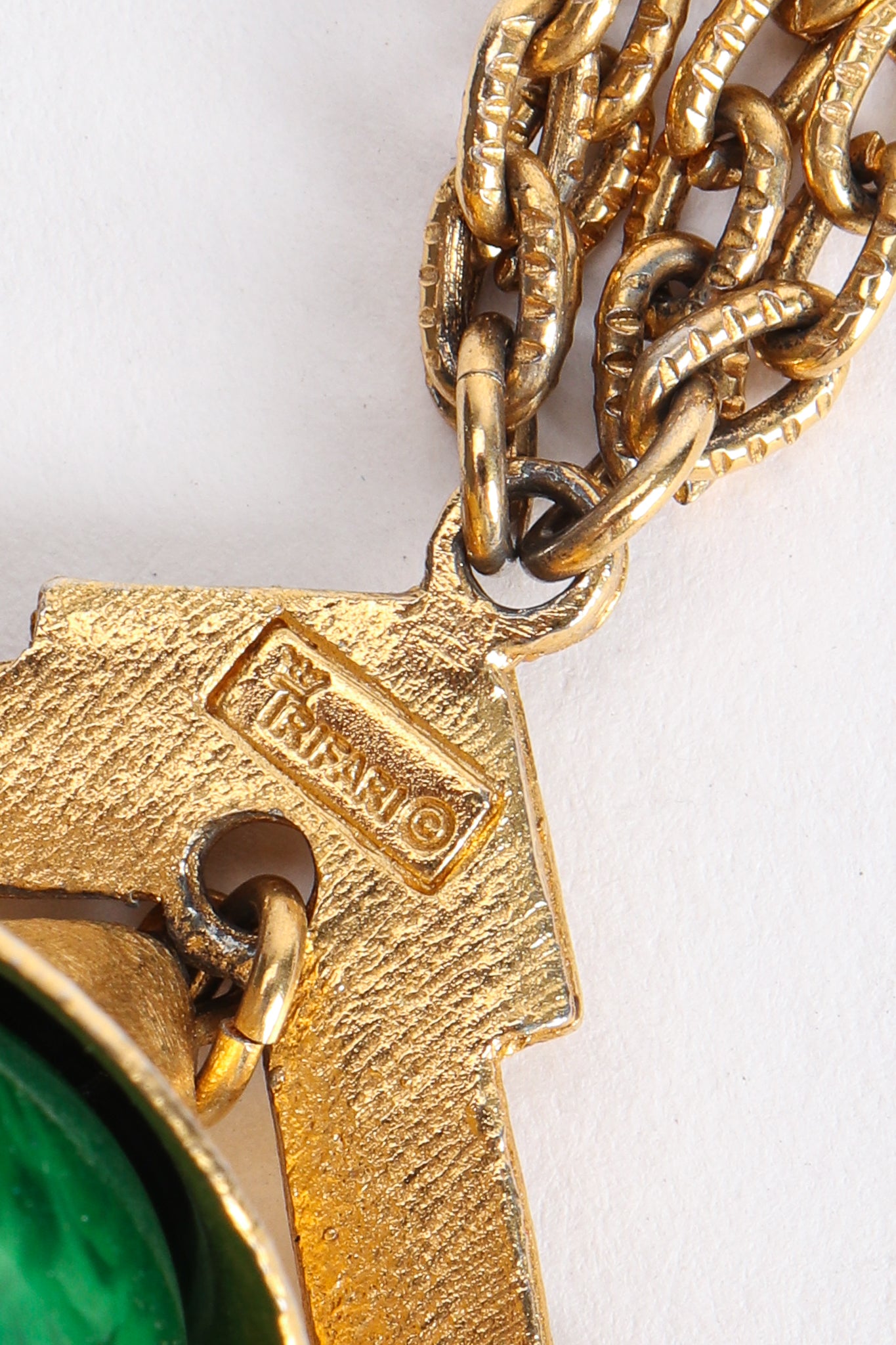 Vintage Trifari Faux Malachite Pagoda Bell Pendant Necklace Signature Cartouche at Recess Los Angeles