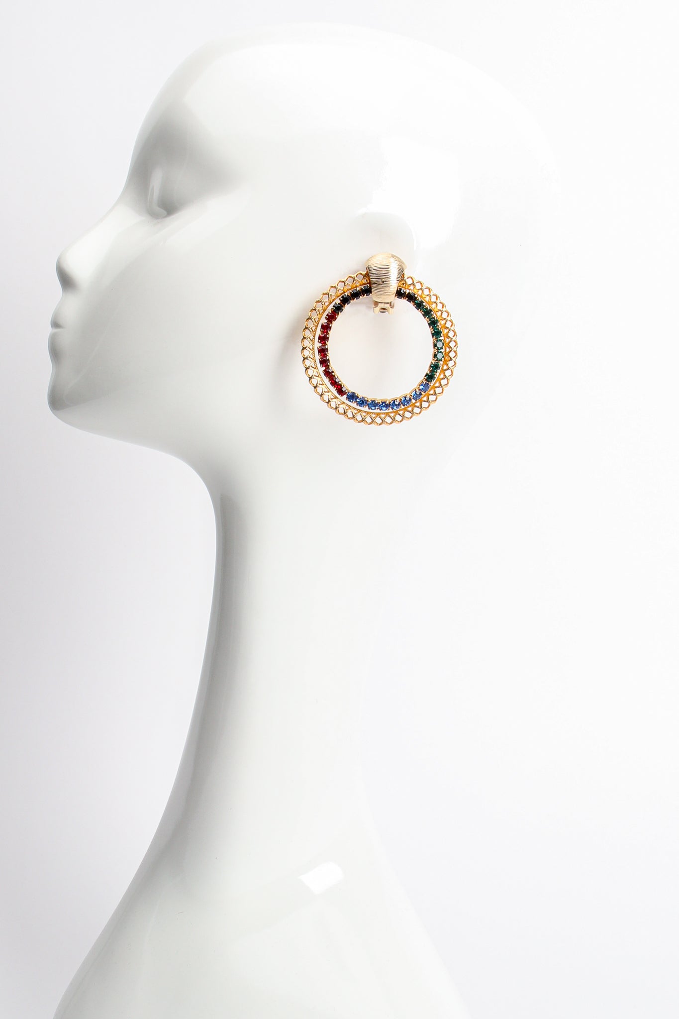 Vintage Rhinestone Sliding Double Hoop Earrings on mannequin at Recess Los Angeles