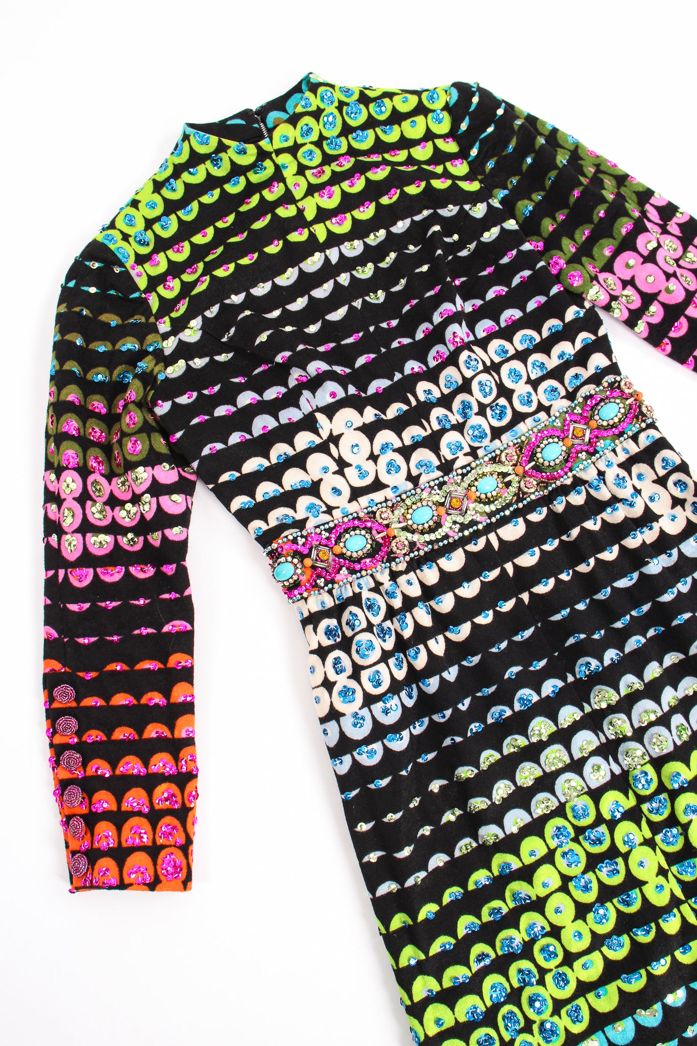 Vintage Valentina Graphic Rainbow Sequin Dress neckline at Recess Los Angeles