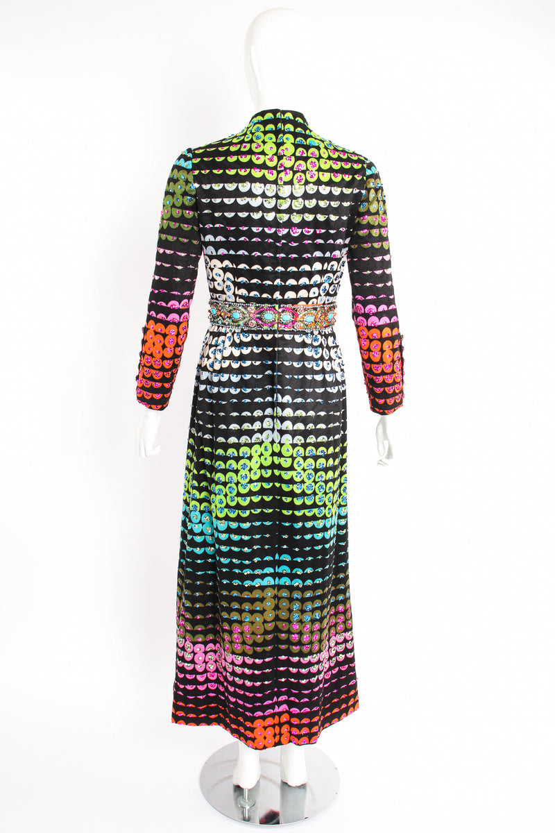 Vintage Valentina Graphic Rainbow Sequin Dress on Mannequin back at Recess Los Angeles