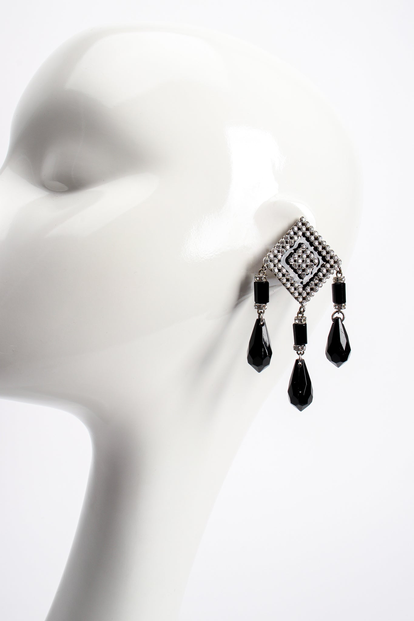 Vintage Valentino Geometric Diamond Drop Rhinestone Earrings on mannequin at Recess Los Angeles