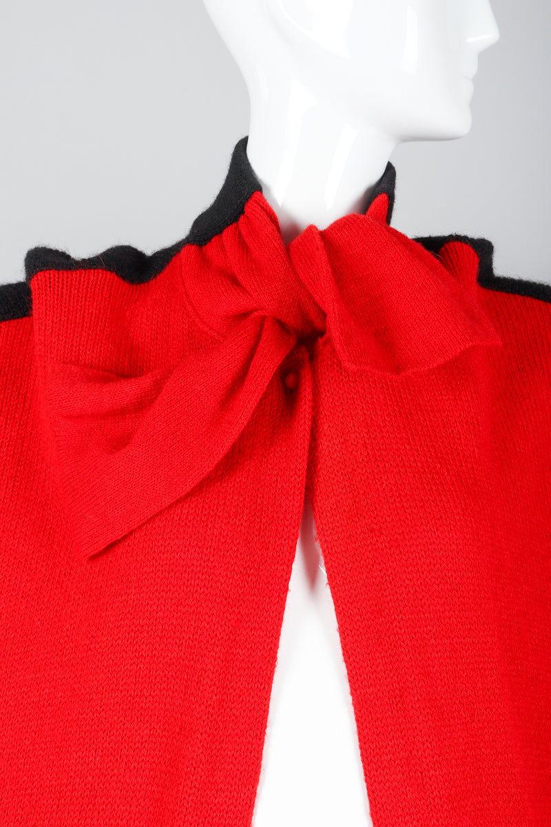 Recess Vintage Valentino Red And Black Sweater Knit Cape on Mannequin, neck tie detail