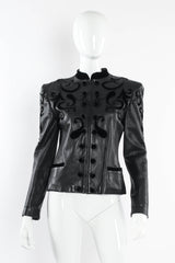  Vintage Valentino 1985 A/W Leather Fleur Beaded Top & Skirt Set mannequin top front @ Recess LA