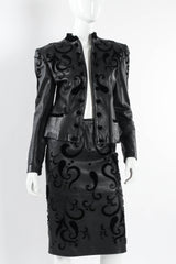 Vintage Valentino 1985 A/W Leather Fleur Beaded Top & Skirt Set mannequin close front@ Recess LA