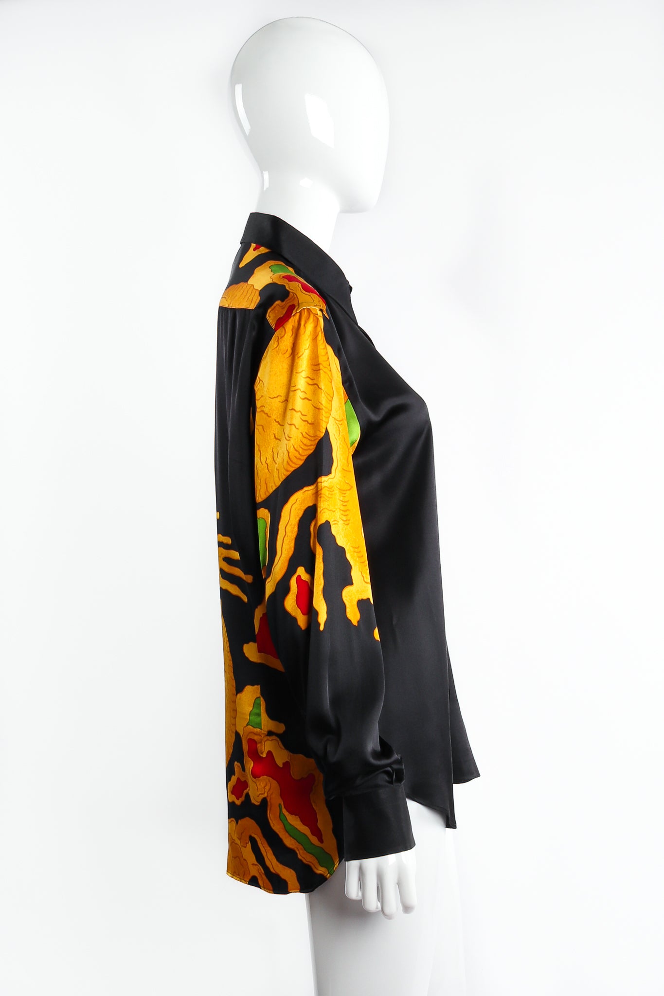 Vintage Valentino Garavani Dragon Print Silk Satin Shirt on mannequin side at Recess Los Angeles