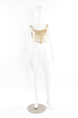 Structured gold lamé and venetian brocade design crop corset top by Versace mannequin front far @recessla