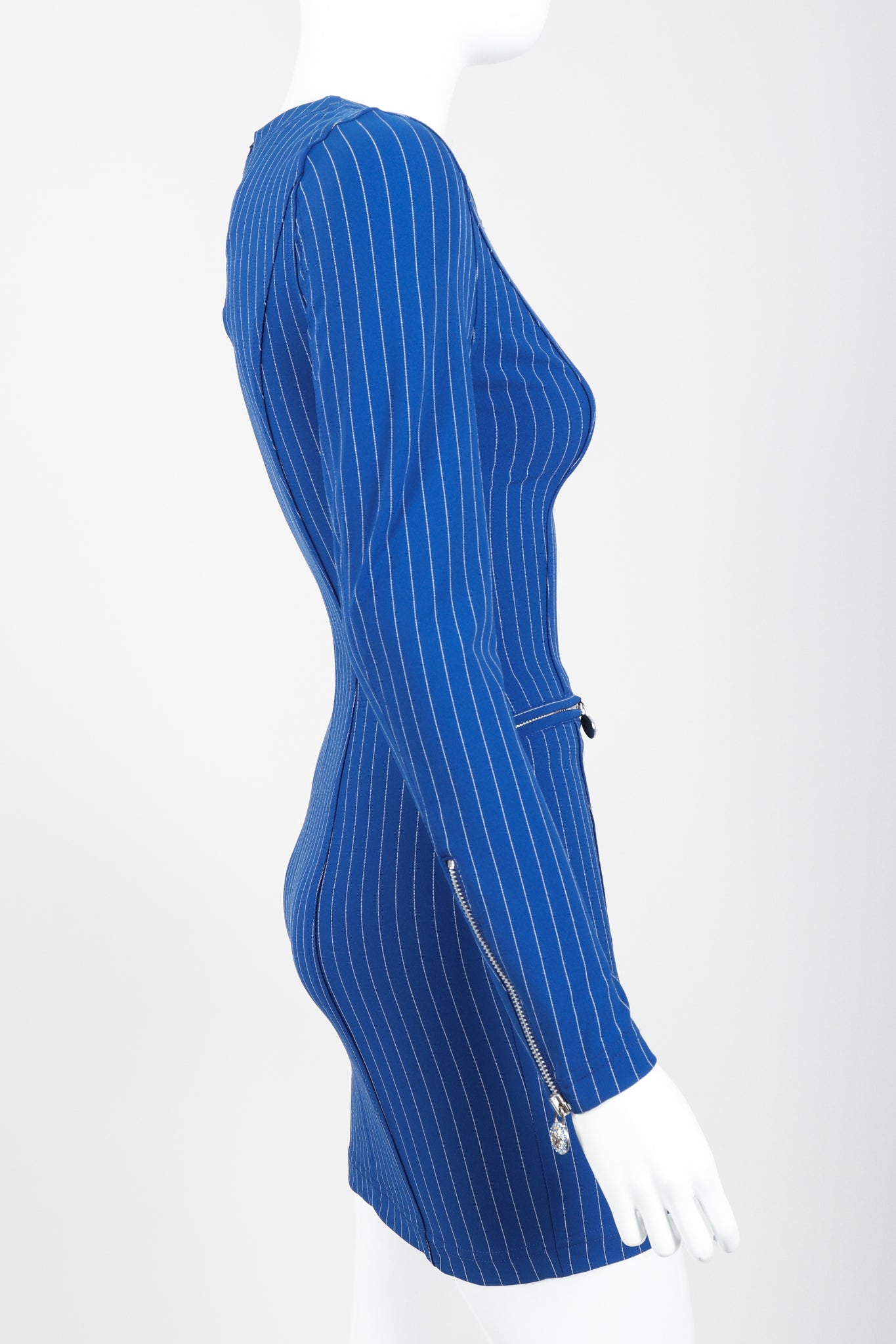 Vintage Versace Jeans Pinstripe Bodycon Zip Dress on Mannequin rear view at Recess Los Angeles