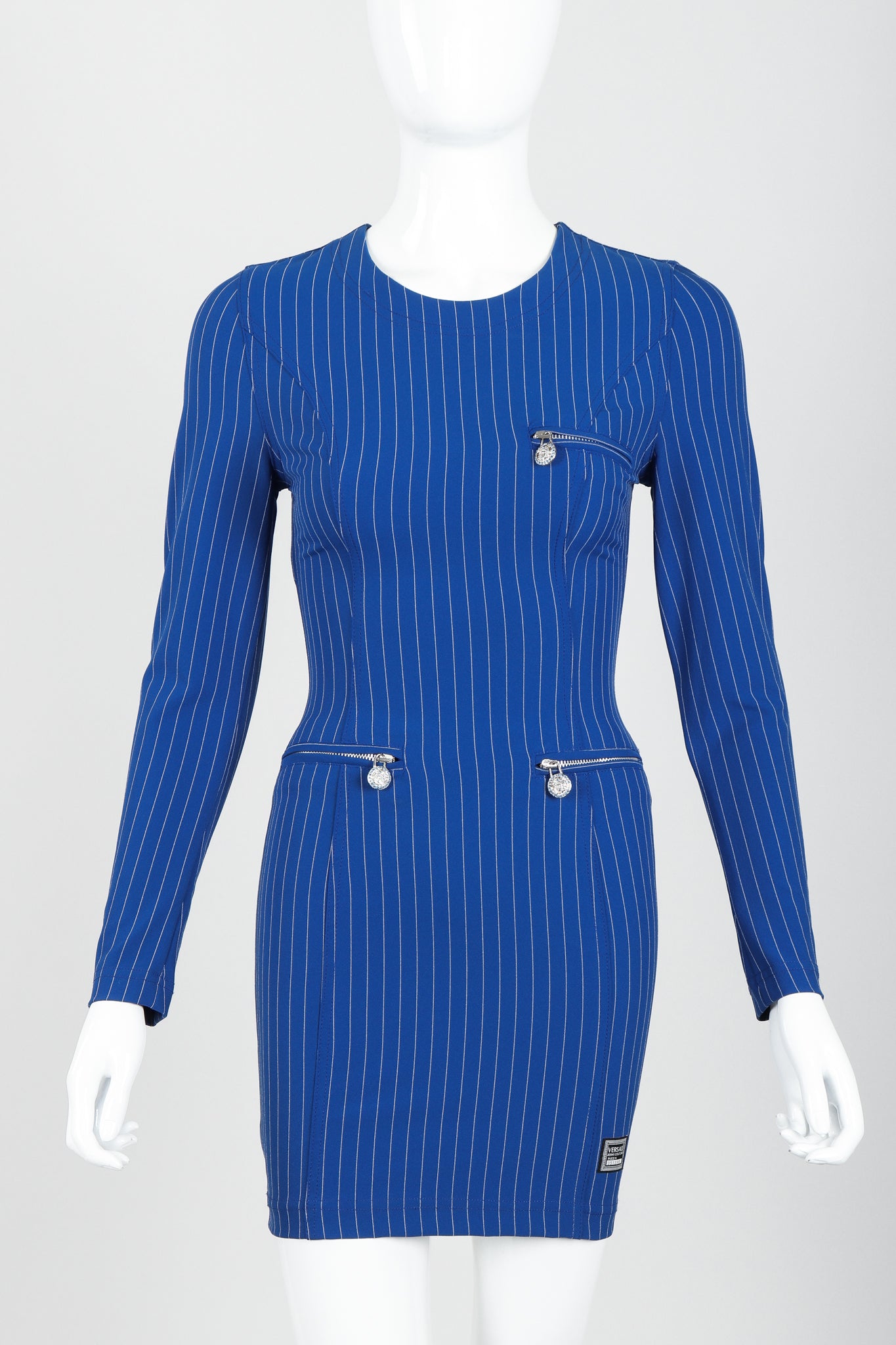 Vintage Versace Jeans Pinstripe Bodycon Zip Dress on Mannequin front crop at Recess Los Angeles