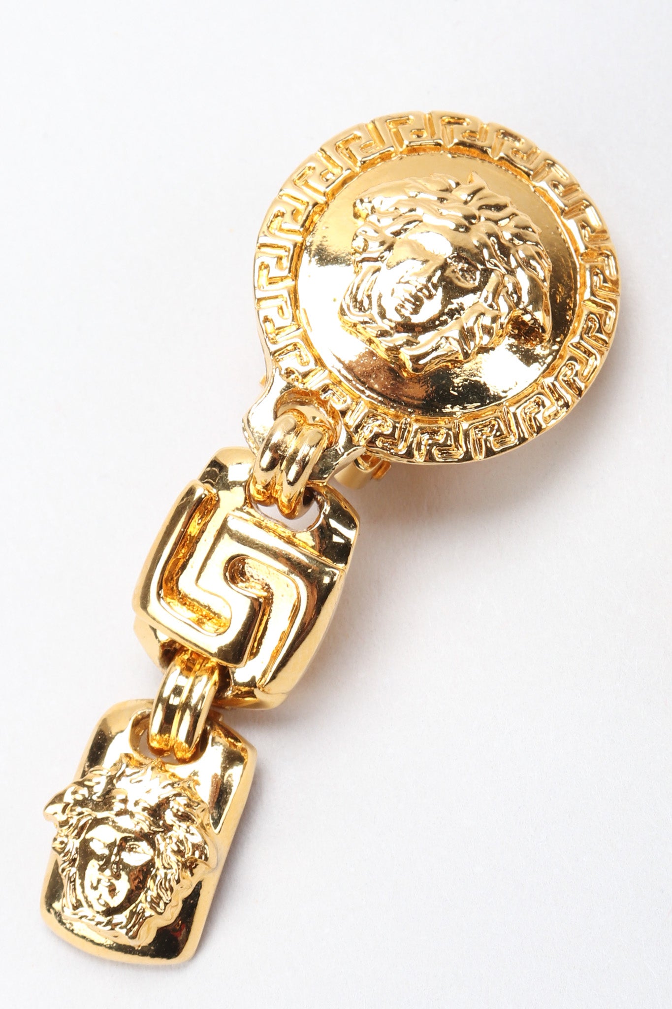 Recess Los Angeles Vintage Gianni Versace Gold Greek Key Medusa Drop Earrings