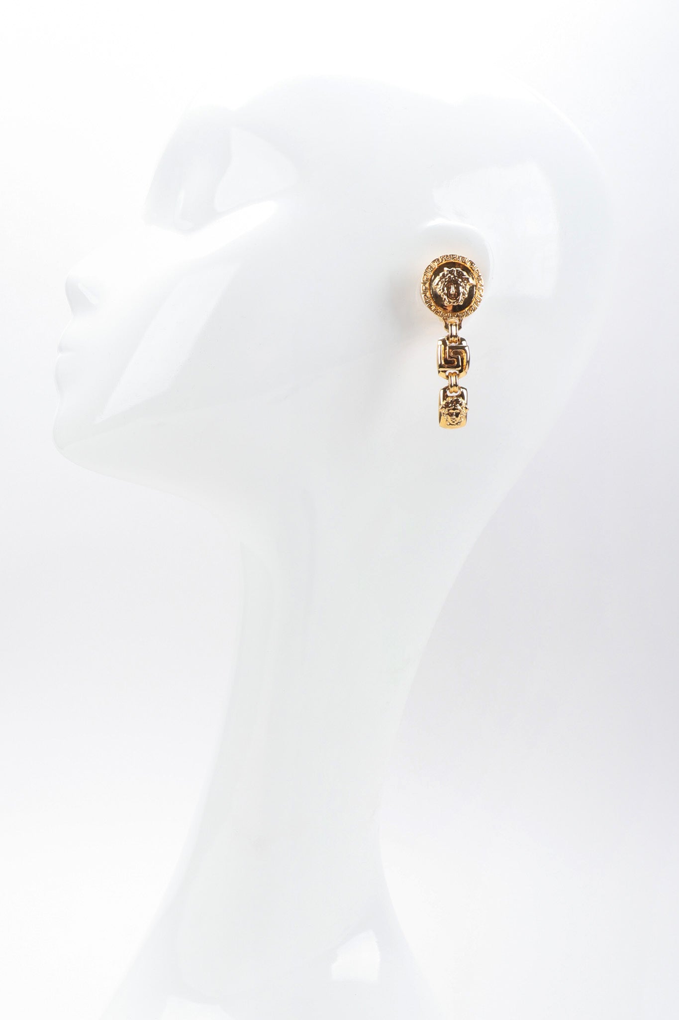 Recess Los Angeles Vintage Gianni Versace Gold Greek Key Medusa Drop Earrings