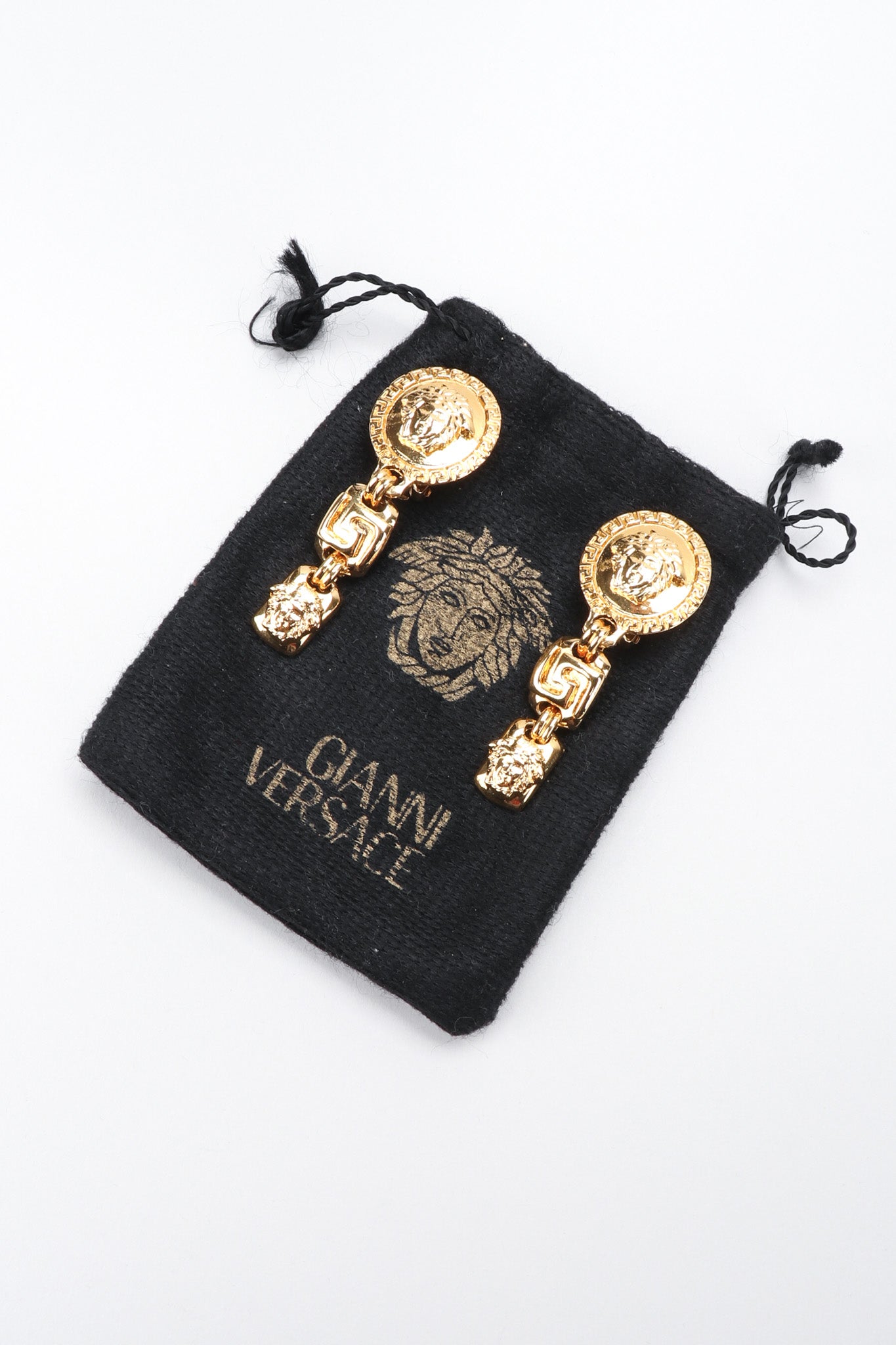 Recess Los Angeles Vintage Gianni Versace Gold Greek Key Medusa Drop Earrings